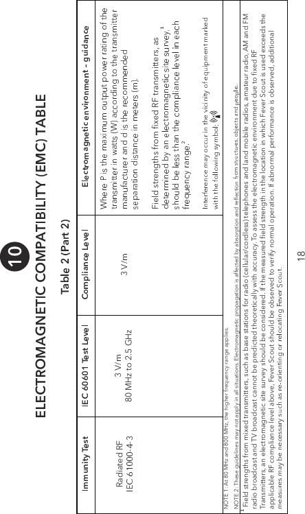 )LHOGVWUHQJWKVIURPPL[HGWUDQVPLWWHUVVXFKDVEDVHVWDWLRQVIRUUDGLRFHOOXODUFRUGOHVVWHOHSKRQHVDQGODQGPRELOHUDGLRVDPDWHXUUDGLR$0DQG)0UDGLREURDGFDVWDQG79EURDGFDVWFDQQRWEHSUHGLFWHGWKHRUHWLFDOO\ZLWKDFFXUDF\7RDVVHVVWKHHOHFWURPDJQHWLFHQYLURQPHQWGXHWRƓ[HG5)7UDQVPLWWHUVDQHOHFWURPDJQHWLFVLWHVXUYH\VKRXOGEHFRQVLGHUHG,IWKHPHDVXUHGƓHOGVWUHQJWKLQWKHORFDWLRQLQZKLFK)HYHU6FRXWLVXVHGH[FHHGVWKHDSSOLFDEOH5)FRPSOLDQFHOHYHODERYH)HYHU6FRXWVKRXOGEHREVHUYHGWRYHULI\QRUPDORSHUDWLRQ,IDEQRUPDOSHUIRUPDQFHLVREVHUYHGDGGLWLRQDO127($W0+]DQG0+]WKHKLJKHUIUHTXHQF\UDQJHDSSOLHV127(7KHVHJXLGHOLQHVPD\QRWDSSO\LQDOOVLWXDWLRQV(OHFWURPDJQHWLFSURSDJDWLRQLVDIIHFWHGE\DEVRUSWLRQDQGUHŴHFWLRQ5DGLDWHG5)0+]WR*+])LHOGVWUHQJWKVIURPƓ[HG5)WUDQVPLWWHUVDV