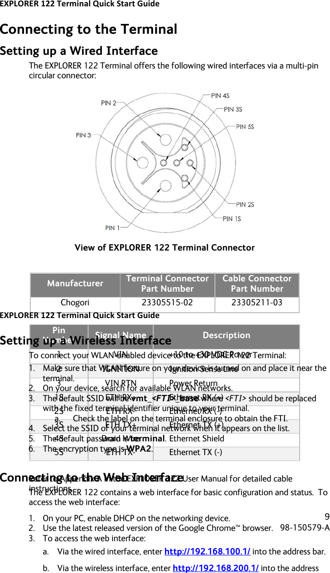 EXPLORER&apos;122&apos;Terminal&apos;Quick&apos;Start&apos;Guide&apos;! ! !9!98-150579-A!! !Connecting to the Terminal Setting up a Wired Interface The EXPLORER 122 Terminal offers the following wired interfaces via a multi-pin circular connector:  View of EXPLORER 122 Terminal Connector  Manufacturer Terminal Connector Part Number Cable Connector  Part Number Chogori 23305515-02 23305211-03  Pin Number Signal Name Description 1 VIN +10 to +30 VDC Power 2 IGNITION Ignition Sense Line 3 VIN RTN Power Return 1S ETH RX+ Ethernet RX (+) 2S ETH RX- Ethernet RX (-) 3S ETH TX+ Ethernet TX (+) 4S Drain Wire Ethernet Shield 5S ETH TX- Ethernet TX (-)  Refer to Appendix A in the EXPLORER 122 User Manual for detailed cable instructions.  EXPLORER&apos;122&apos;Terminal&apos;Quick&apos;Start&apos;Guide&apos;! ! !10!98-150579-A!! !Setting up a Wireless Interface To connect your WLAN-enabled device to the EXPLORER 122 Terminal: 1. Make sure that WLAN feature on your device is turned on and place it near the terminal. 2. On your device, search for available WLAN networks. 3. The default SSID will be vmt_&lt;FTI&gt;_base where &lt;FTI&gt; should be replaced with the fixed terminal identifier unique to your terminal.   a. Check the label on the terminal enclosure to obtain the FTI.  4. Select the SSID of your terminal network when it appears on the list. 5. The default password is terminal. 6. The encryption type is WPA2.  Connecting to the Web Interface The EXPLORER 122 contains a web interface for basic configuration and status.  To access the web interface: 1. On your PC, enable DHCP on the networking device. 2. Use the latest released version of the Google Chrome™ browser. 3. To access the web interface: a. Via the wired interface, enter http://192.168.100.1/ into the address bar. b. Via the wireless interface, enter http://192.168.200.1/ into the address bar. 4. Default username/password is admin/admin.     