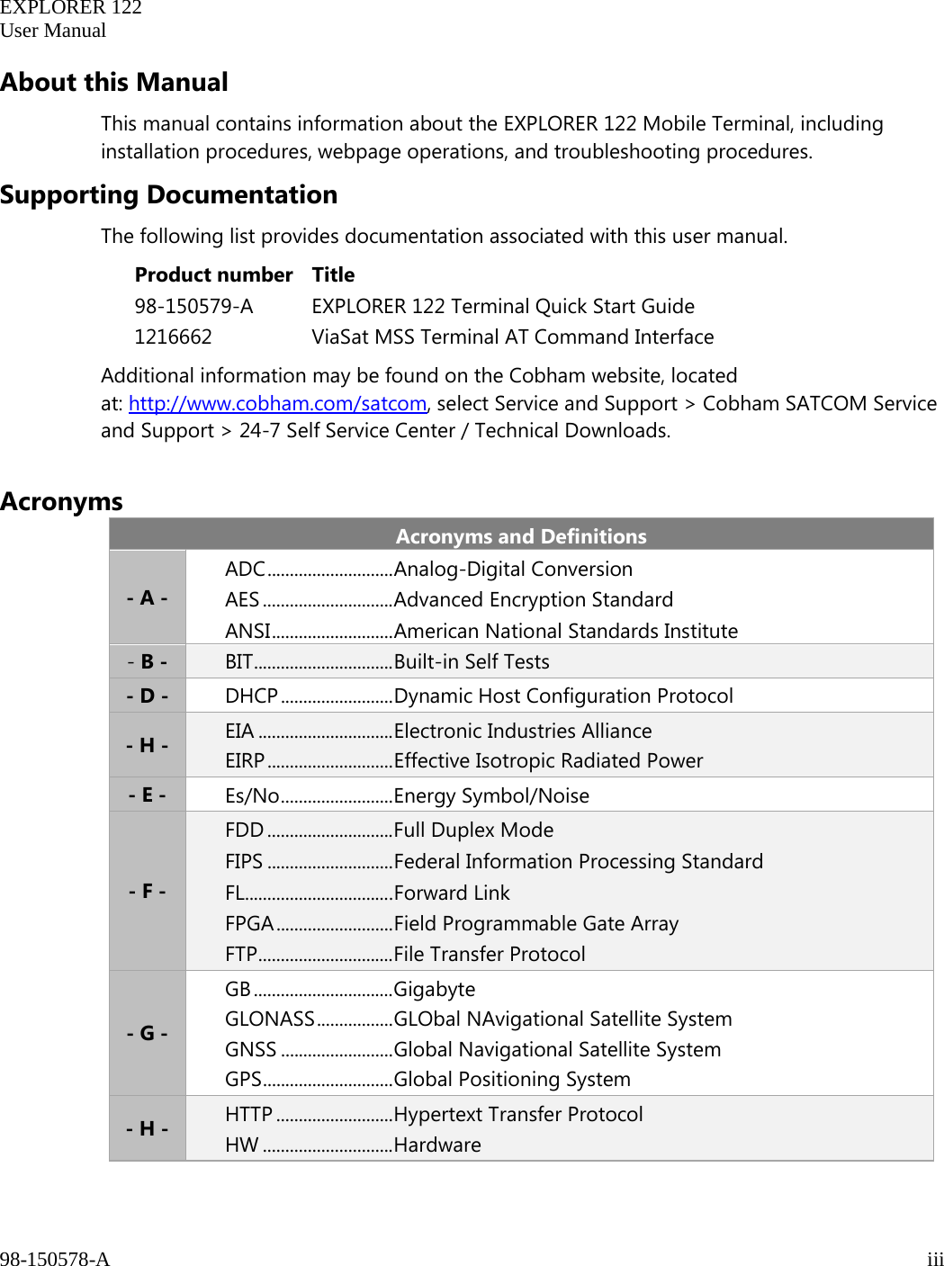   EXPLORER 122  User Manual  98-150578-A     iii   About this Manual This manual contains information about the EXPLORER 122 Mobile Terminal, including installation procedures, webpage operations, and troubleshooting procedures. Supporting Documentation The following list provides documentation associated with this user manual. Product number Title   98-150579-A  EXPLORER 122 Terminal Quick Start Guide 1216662 ViaSat MSS Terminal AT Command Interface  Additional information may be found on the Cobham website, located at: http://www.cobham.com/satcom, select Service and Support &gt; Cobham SATCOM Service and Support &gt; 24-7 Self Service Center / Technical Downloads.  Acronyms Acronyms and Definitions - A - ADC ............................ Analog-Digital Conversion AES ............................. Advanced Encryption Standard ANSI ........................... American National Standards Institute - B -  BIT ............................... Built-in Self Tests - D - DHCP ......................... Dynamic Host Configuration Protocol - H - EIA .............................. Electronic Industries Alliance EIRP ............................ Effective Isotropic Radiated Power - E -  Es/No ......................... Energy Symbol/Noise - F - FDD ............................ Full Duplex Mode FIPS ............................ Federal Information Processing Standard FL................................. Forward Link FPGA .......................... Field Programmable Gate Array FTP .............................. File Transfer Protocol - G - GB ............................... Gigabyte GLONASS ................. GLObal NAvigational Satellite System GNSS ......................... Global Navigational Satellite System GPS ............................. Global Positioning System - H - HTTP .......................... Hypertext Transfer Protocol HW ............................. Hardware 