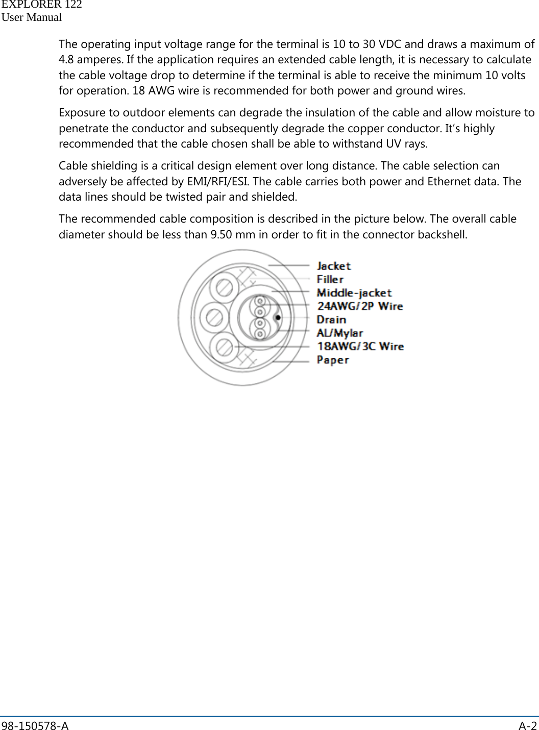   EXPLORER 122  User Manual  98-150578-A    A-2  The operating input voltage range for the terminal is 10 to 30 VDC and draws a maximum of 4.8 amperes. If the application requires an extended cable length, it is necessary to calculate the cable voltage drop to determine if the terminal is able to receive the minimum 10 volts for operation. 18 AWG wire is recommended for both power and ground wires. Exposure to outdoor elements can degrade the insulation of the cable and allow moisture to penetrate the conductor and subsequently degrade the copper conductor. It’s highly recommended that the cable chosen shall be able to withstand UV rays.  Cable shielding is a critical design element over long distance. The cable selection can adversely be affected by EMI/RFI/ESI. The cable carries both power and Ethernet data. The data lines should be twisted pair and shielded. The recommended cable composition is described in the picture below. The overall cable diameter should be less than 9.50 mm in order to fit in the connector backshell.  