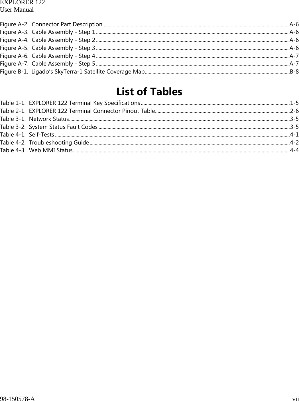   EXPLORER 122  User Manual  98-150578-A     vii   Figure A-2.  Connector Part Description ................................................................................................................................................ A-6 Figure A-3.  Cable Assembly - Step 1 ...................................................................................................................................................... A-6 Figure A-4.  Cable Assembly - Step 2 ...................................................................................................................................................... A-6 Figure A-5.  Cable Assembly - Step 3 ...................................................................................................................................................... A-6 Figure A-6.  Cable Assembly - Step 4 ...................................................................................................................................................... A-7 Figure A-7.  Cable Assembly - Step 5 ...................................................................................................................................................... A-7 Figure B-1.  Ligado’s SkyTerra-1 Satellite Coverage Map................................................................................................................. B-8  List of Tables Table 1-1.  EXPLORER 122 Terminal Key Specifications .................................................................................................................... 1-5 Table 2-1.  EXPLORER 122 Terminal Connector Pinout Table......................................................................................................... 2-6 Table 3-1.  Network Status ............................................................................................................................................................................ 3-5 Table 3-2.  System Status Fault Codes ..................................................................................................................................................... 3-5 Table 4-1.  Self-Tests ....................................................................................................................................................................................... 4-1 Table 4-2.  Troubleshooting Guide ............................................................................................................................................................ 4-2 Table 4-3.  Web MMI Status ......................................................................................................................................................................... 4-4   