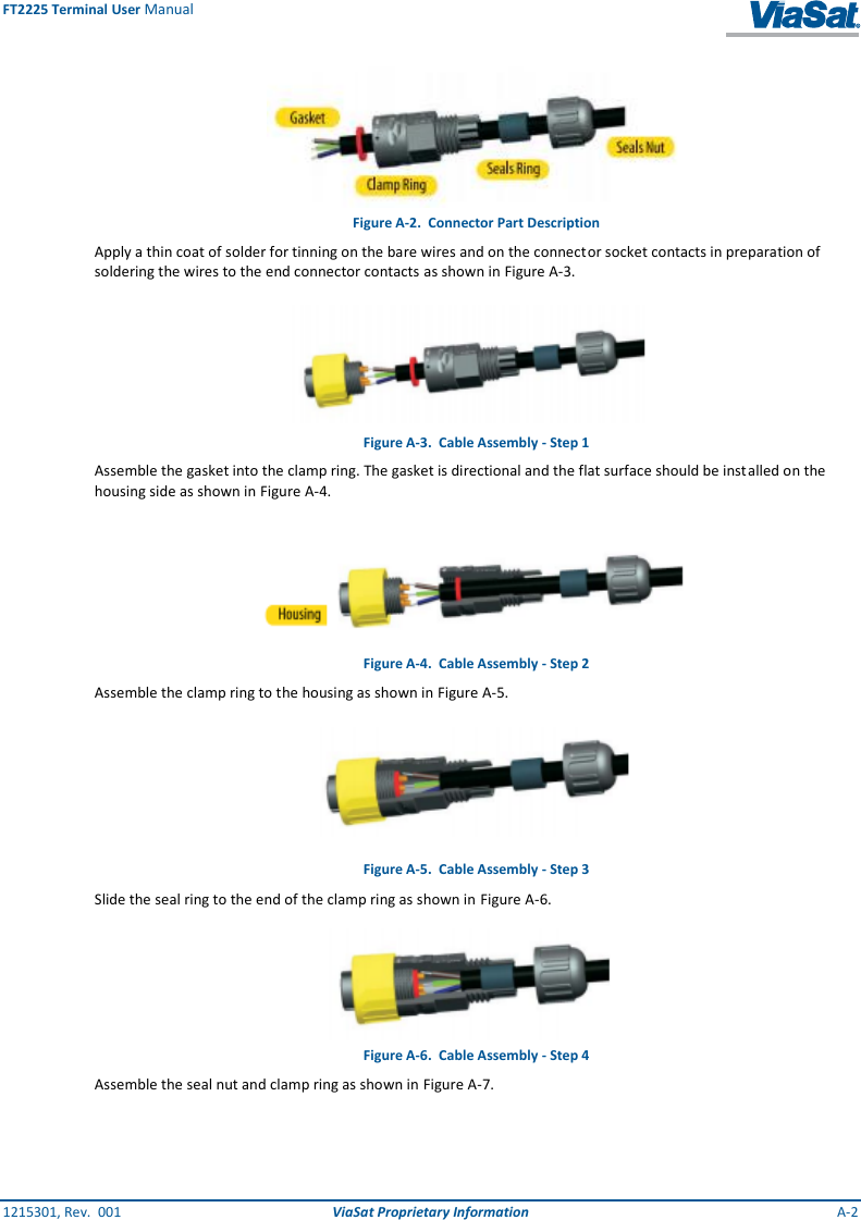 FT2225 Terminal User Manual 1215301, Rev.  001  ViaSat Proprietary Information  A-2  Figure A-2.  Connector Part Description Apply a thin coat of solder for tinning on the bare wires and on the connector socket contacts in preparation of soldering the wires to the end connector contacts as shown in Figure A-3.  Figure A-3.  Cable Assembly - Step 1 Assemble the gasket into the clamp ring. The gasket is directional and the flat surface should be installed on the housing side as shown in Figure A-4.  Figure A-4.  Cable Assembly - Step 2 Assemble the clamp ring to the housing as shown in Figure A-5.  Figure A-5.  Cable Assembly - Step 3 Slide the seal ring to the end of the clamp ring as shown in Figure A-6.  Figure A-6.  Cable Assembly - Step 4 Assemble the seal nut and clamp ring as shown in Figure A-7. 