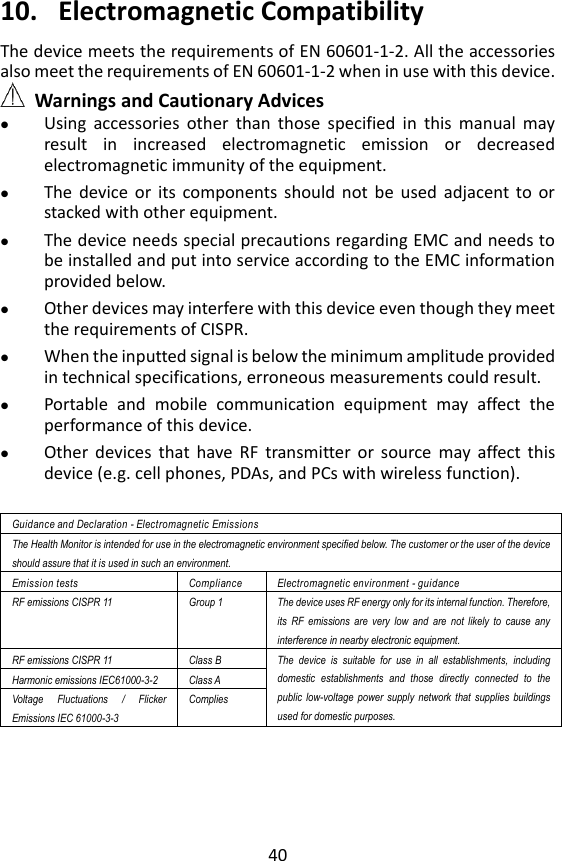 40 10. Electromagnetic Compatibility The device meets the requirements of EN 60601-1-2. All the accessories also meet the requirements of EN 60601-1-2 when in use with this device.  Warnings and Cautionary Advices  Using  accessories  other  than  those  specified  in  this  manual  may result  in  increased  electromagnetic  emission  or  decreased electromagnetic immunity of the equipment.  The  device  or  its  components  should  not  be  used  adjacent  to  or stacked with other equipment.    The device needs special precautions regarding EMC and needs to be installed and put into service according to the EMC information provided below.    Other devices may interfere with this device even though they meet the requirements of CISPR.  When the inputted signal is below the minimum amplitude provided in technical specifications, erroneous measurements could result.  Portable  and  mobile  communication  equipment  may  affect  the performance of this device.    Other  devices  that  have  RF  transmitter  or  source  may  affect  this device (e.g. cell phones, PDAs, and PCs with wireless function).    Guidance and Declaration - Electromagnetic Emissions The Health Monitor is intended for use in the electromagnetic environment specified below. The customer or the user of the device should assure that it is used in such an environment. Emission tests Compliance Electromagnetic environment - guidance RF emissions CISPR 11 Group 1 The device uses RF energy only for its internal function. Therefore, its  RF  emissions  are  very  low  and  are  not  likely  to  cause  any interference in nearby electronic equipment. RF emissions CISPR 11 Class B The  device  is  suitable  for  use  in  all  establishments,  including domestic  establishments  and  those  directly  connected  to  the public low-voltage  power  supply  network that  supplies buildings used for domestic purposes. Harmonic emissions IEC61000-3-2 Class A Voltage  Fluctuations  /  Flicker Emissions IEC 61000-3-3 Complies     