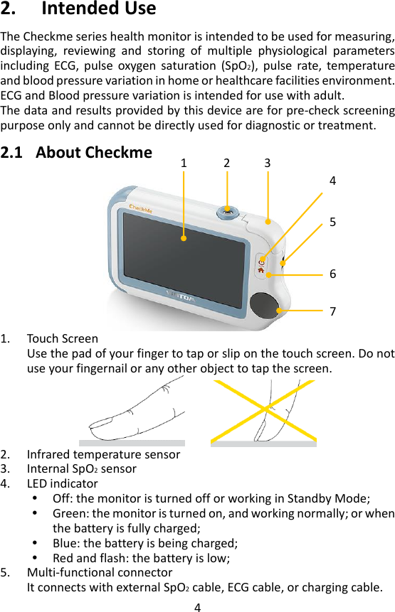 4 2. Intended Use   The Checkme series health monitor is intended to be used for measuring, displaying,  reviewing  and  storing  of  multiple  physiological  parameters including  ECG,  pulse  oxygen  saturation  (SpO2),  pulse  rate,  temperature and blood pressure variation in home or healthcare facilities environment.   ECG and Blood pressure variation is intended for use with adult. The data and results provided by this device are for pre-check screening purpose only and cannot be directly used for diagnostic or treatment.  2.1 About Checkme     1. Touch Screen   Use the pad of your finger to tap or slip on the touch screen. Do not use your fingernail or any other object to tap the screen.         2. Infrared temperature sensor   3. Internal SpO2 sensor   4. LED indicator  Off: the monitor is turned off or working in Standby Mode;  Green: the monitor is turned on, and working normally; or when the battery is fully charged;  Blue: the battery is being charged;    Red and flash: the battery is low;   5. Multi-functional connector It connects with external SpO2 cable, ECG cable, or charging cable. 5 6 7 2 1 3 4 
