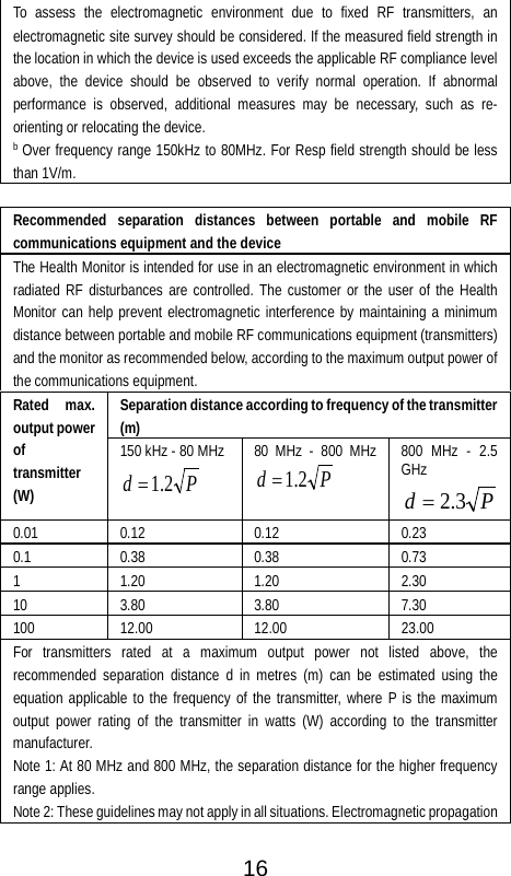  To assess the electromagnetic environment due to fixed RF transmitters, an electromagnetic site survey should be considered. If the measured field strength in the location in which the device is used exceeds the applicable RF compliance level above, the device should be observed to verify normal operation. If abnormal performance is observed, additional measures may be necessary, such as re-orienting or relocating the device. b Over frequency range 150kHz to 80MHz. For Resp field strength should be less than 1V/m.  Recommended separation distances between portable and mobile RF communications equipment and the device The Health Monitor is intended for use in an electromagnetic environment in which radiated RF disturbances are controlled. The customer or the user of the Health Monitor can help prevent electromagnetic interference by maintaining a minimum distance between portable and mobile RF communications equipment (transmitters) and the monitor as recommended below, according to the maximum output power of the communications equipment. Rated max. output power of transmitter (W) Separation distance according to frequency of the transmitter (m) 150 kHz - 80 MHz Pd 2.1= 80 MHz -  800 MHzPd 2.1= 800 MHz -  2.5 GHz Pd 3.2= 0.01 0.12 0.12 0.23 0.1 0.38 0.38 0.73 1 1.20 1.20 2.30 10 3.80 3.80 7.30 100 12.00 12.00 23.00 For transmitters rated at a maximum output power not listed above, the recommended separation distance d in metres (m) can be estimated using the equation applicable to the frequency of the transmitter, where P is the maximum output power rating of the transmitter in watts (W) according to the transmitter manufacturer. Note 1: At 80 MHz and 800 MHz, the separation distance for the higher frequency range applies. Note 2: These guidelines may not apply in all situations. Electromagnetic propagation  16 