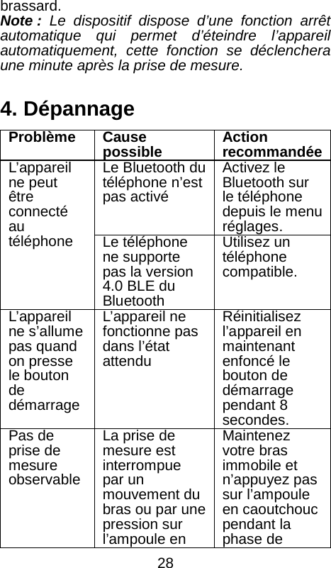  brassard.   Note : Le dispositif dispose d&rsquo;une fonction arr&ecirc;t automatique qui permet d&rsquo;&eacute;teindre l&rsquo;appareil automatiquement, cette fonction se d&eacute;clenchera une minute apr&egrave;s la prise de mesure.  4. D&eacute;pannage Probl&egrave;me Cause possible Action recommand&eacute;e L&rsquo;appareil ne peut &ecirc;tre connect&eacute; au t&eacute;l&eacute;phone    Le Bluetooth du t&eacute;l&eacute;phone n&rsquo;est pas activ&eacute; Activez le Bluetooth sur le t&eacute;l&eacute;phone depuis le menu r&eacute;glages. Le t&eacute;l&eacute;phone ne supporte pas la version 4.0 BLE du Bluetooth Utilisez un t&eacute;l&eacute;phone compatible. L&rsquo;appareil ne s&rsquo;allume pas quand on presse le bouton de d&eacute;marrage L&rsquo;appareil ne fonctionne pas dans l&rsquo;&eacute;tat attendu R&eacute;initialisez l&rsquo;appareil en maintenant enfonc&eacute; le bouton de d&eacute;marrage pendant 8 secondes. Pas de prise de mesure observable La prise de mesure est interrompue par un mouvement du bras ou par une pression sur l&rsquo;ampoule en Maintenez votre bras immobile et n&rsquo;appuyez pas sur l&rsquo;ampoule en caoutchouc pendant la phase de  28 