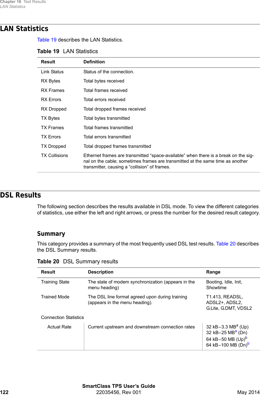 Chapter 16 Test ResultsLAN StatisticsSmartClass TPS User’s Guide122 22035456, Rev 001 May 2014LAN StatisticsTable 19 describes the LAN Statistics.DSL ResultsThe following section describes the results available in DSL mode. To view the different categories of statistics, use either the left and right arrows, or press the number for the desired result category.SummaryThis category provides a summary of the most frequently used DSL test results. Ta b l e 2 0  describes the DSL Summary results.Table 19 LAN StatisticsResult DefinitionLink Status Status of the connection.RX Bytes Total bytes receivedRX Frames Total frames receivedRX Errors Total errors receivedRX Dropped Total dropped frames receivedTX Bytes Total bytes transmittedTX Frames Total frames transmittedTX Errors Total errors transmittedTX Dropped Total dropped frames transmittedTX Collisions Ethernet frames are transmitted “space-available” when there is a break on the sig-nal on the cable; sometimes frames are transmitted at the same time as another transmitter, causing a “collision” of frames.Table 20 DSL Summary resultsResult Description RangeTraining State The state of modem synchronization (appears in the menu heading)Booting, Idle, Init, ShowtimeTrained Mode The DSL line format agreed upon during training (appears in the menu heading).T1.413, READSL, ADSL2+, ADSL2, G.Lite, G.DMT, VDSL2Connection StatisticsActual Rate Current upstream and downstream connection rates 32 kB–3.3 MBa (Up)32 kB–25 MBa (Dn)64 kB–50 MB (Up)b64 kB–100 MB (Dn)b