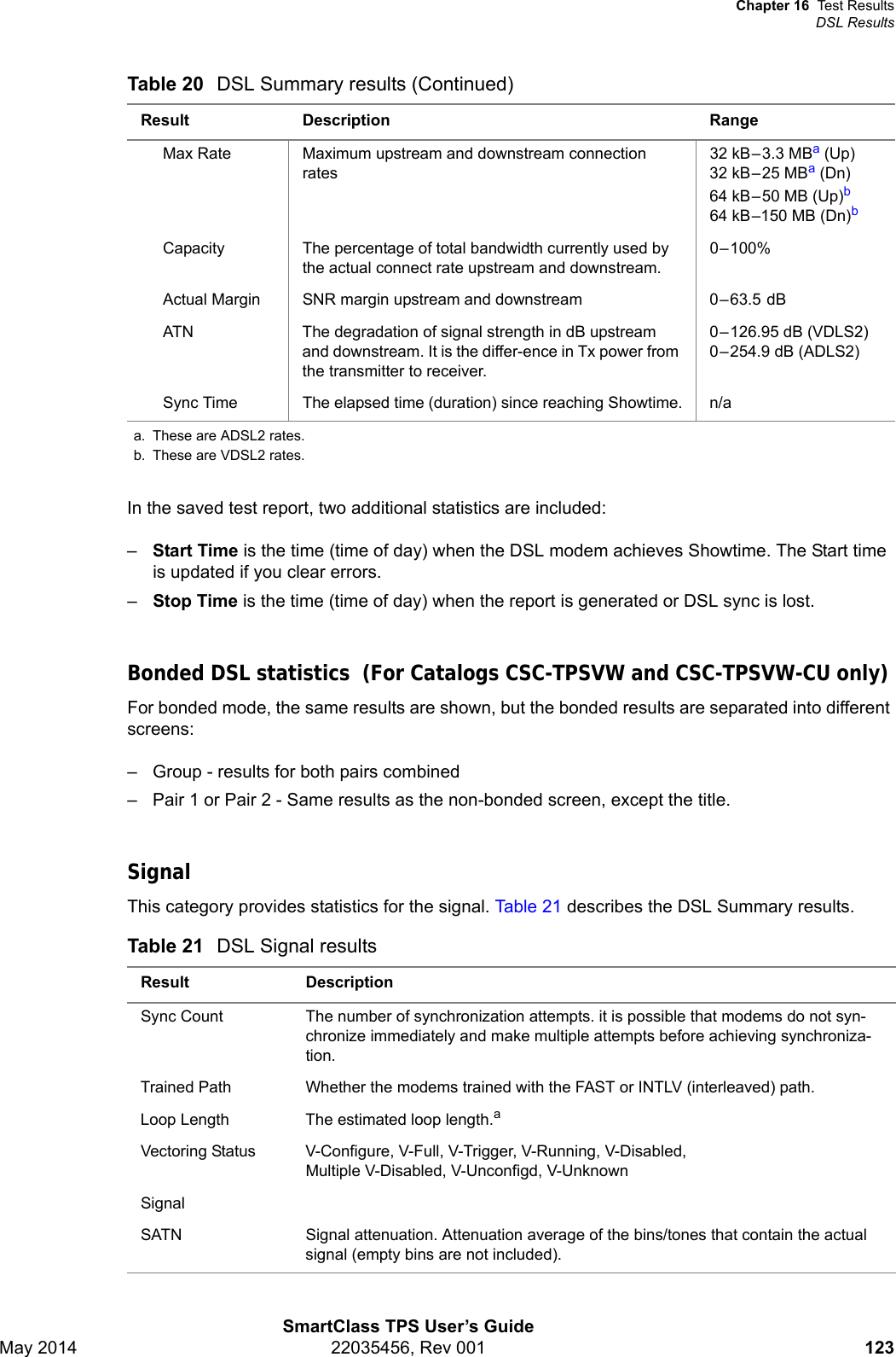 Chapter 16 Test ResultsDSL ResultsSmartClass TPS User’s GuideMay 2014 22035456, Rev 001 123In the saved test report, two additional statistics are included:–Start Time is the time (time of day) when the DSL modem achieves Showtime. The Start time is updated if you clear errors.–Stop Time is the time (time of day) when the report is generated or DSL sync is lost.Bonded DSL statistics  (For Catalogs CSC-TPSVW and CSC-TPSVW-CU only) For bonded mode, the same results are shown, but the bonded results are separated into different screens:– Group - results for both pairs combined– Pair 1 or Pair 2 - Same results as the non-bonded screen, except the title.SignalThis category provides statistics for the signal. Table 2 1 describes the DSL Summary results. Max Rate Maximum upstream and downstream connection rates32 kB–3.3 MBa (Up)32 kB–25 MBa (Dn)64 kB–50 MB (Up)b64 kB–150 MB (Dn)bCapacity The percentage of total bandwidth currently used by the actual connect rate upstream and downstream.0–100%Actual Margin SNR margin upstream and downstream 0–63.5 dBATN The degradation of signal strength in dB upstream and downstream. It is the differ-ence in Tx power from the transmitter to receiver. 0–126.95 dB (VDLS2)0–254.9 dB (ADLS2)Sync Time The elapsed time (duration) since reaching Showtime. n/aa. These are ADSL2 rates.b. These are VDSL2 rates.Table 21 DSL Signal resultsResult DescriptionSync Count The number of synchronization attempts. it is possible that modems do not syn-chronize immediately and make multiple attempts before achieving synchroniza-tion.Trained Path Whether the modems trained with the FAST or INTLV (interleaved) path.Loop Length The estimated loop length.aVectoring Status V-Configure, V-Full, V-Trigger, V-Running, V-Disabled, Multiple V-Disabled, V-Unconfigd, V-UnknownSignalSATN Signal attenuation. Attenuation average of the bins/tones that contain the actual signal (empty bins are not included).Table 20 DSL Summary results (Continued)Result Description Range