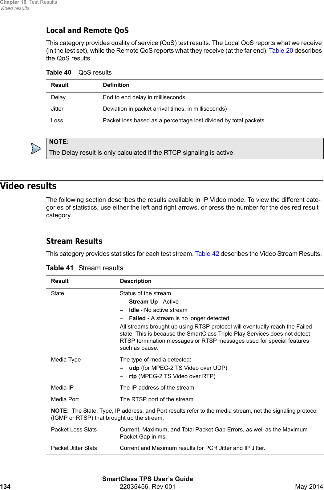 Chapter 16 Test ResultsVideo resultsSmartClass TPS User’s Guide134 22035456, Rev 001 May 2014Local and Remote QoSThis category provides quality of service (QoS) test results. The Local QoS reports what we receive (in the test set), while the Remote QoS reports what they receive (at the far end). Tabl e 2 0 describes the QoS results.Video resultsThe following section describes the results available in IP Video mode. To view the different cate-gories of statistics, use either the left and right arrows, or press the number for the desired result category.Stream ResultsThis category provides statistics for each test stream. Ta b l e 4 2  describes the Video Stream Results. Table 40 QoS resultsResult DefinitionDelay End to end delay in millisecondsJitter Deviation in packet arrival times, in milliseconds)Loss Packet loss based as a percentage lost divided by total packetsNOTE:The Delay result is only calculated if the RTCP signaling is active.Table 41 Stream resultsResult DescriptionState Status of the stream–Stream Up - Active–Idle - No active stream–Failed - A stream is no longer detected. All streams brought up using RTSP protocol will eventually reach the Failed state. This is because the SmartClass Triple Play Services does not detect RTSP termination messages or RTSP messages used for special features such as pause.Media Type The type of media detected:–udp (for MPEG-2 TS Video over UDP)–rtp (MPEG-2 TS Video over RTP)Media IP The IP address of the stream.Media Port The RTSP port of the stream.NOTE:  The State, Type, IP address, and Port results refer to the media stream, not the signaling protocol (IGMP or RTSP) that brought up the stream.Packet Loss Stats Current, Maximum, and Total Packet Gap Errors, as well as the Maximum Packet Gap in ms.Packet Jitter Stats Current and Maximum results for PCR Jitter and IP Jitter.