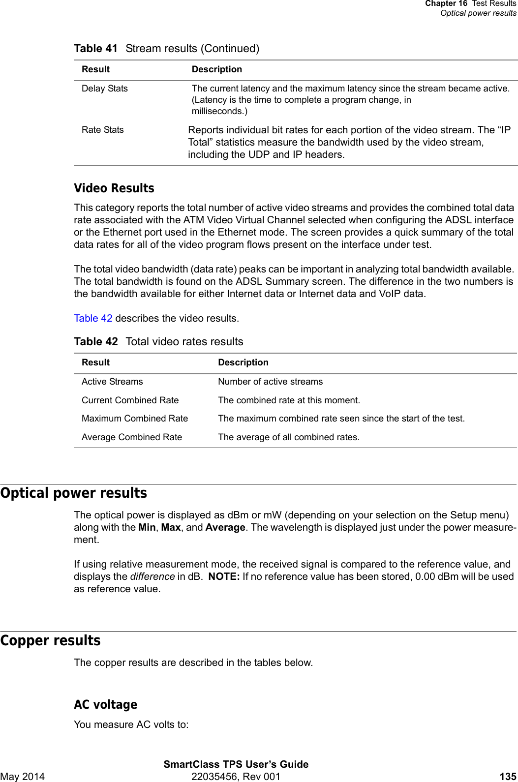 Chapter 16 Test ResultsOptical power resultsSmartClass TPS User’s GuideMay 2014 22035456, Rev 001 135Video ResultsThis category reports the total number of active video streams and provides the combined total data rate associated with the ATM Video Virtual Channel selected when configuring the ADSL interface or the Ethernet port used in the Ethernet mode. The screen provides a quick summary of the total data rates for all of the video program flows present on the interface under test. The total video bandwidth (data rate) peaks can be important in analyzing total bandwidth available. The total bandwidth is found on the ADSL Summary screen. The difference in the two numbers is the bandwidth available for either Internet data or Internet data and VoIP data.Table 42 describes the video results.Optical power resultsThe optical power is displayed as dBm or mW (depending on your selection on the Setup menu) along with the Min, Max, and Average. The wavelength is displayed just under the power measure-ment.If using relative measurement mode, the received signal is compared to the reference value, and displays the difference in dB.  NOTE: If no reference value has been stored, 0.00 dBm will be used as reference value.Copper resultsThe copper results are described in the tables below.AC voltageYou measure AC volts to:Delay Stats The current latency and the maximum latency since the stream became active.(Latency is the time to complete a program change, in milliseconds.)Rate Stats Reports individual bit rates for each portion of the video stream. The “IP Total” statistics measure the bandwidth used by the video stream, including the UDP and IP headers. Table 42 Total video rates resultsResult DescriptionActive Streams Number of active streamsCurrent Combined Rate The combined rate at this moment.Maximum Combined Rate The maximum combined rate seen since the start of the test.Average Combined Rate The average of all combined rates.Table 41 Stream results (Continued)Result Description