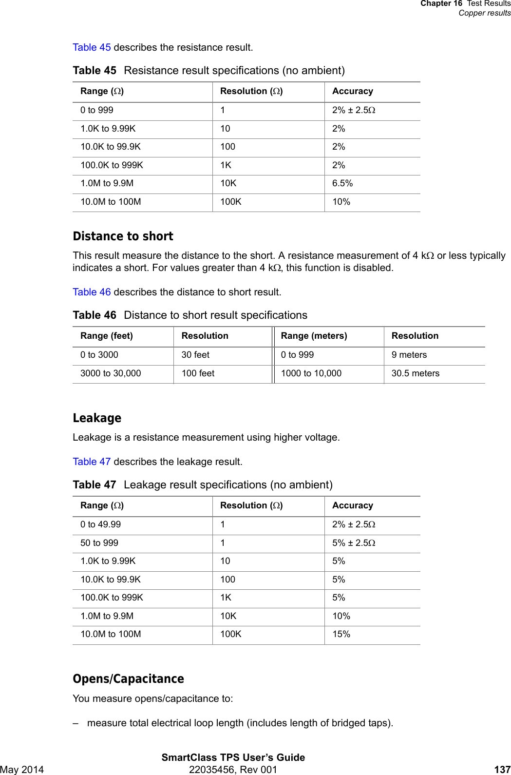 Chapter 16 Test ResultsCopper resultsSmartClass TPS User’s GuideMay 2014 22035456, Rev 001 137Table 45 describes the resistance result.Distance to shortThis result measure the distance to the short. A resistance measurement of 4 k or less typically indicates a short. For values greater than 4 k, this function is disabled.Table 46 describes the distance to short result.LeakageLeakage is a resistance measurement using higher voltage.Table 47 describes the leakage result.Opens/CapacitanceYou measure opens/capacitance to:– measure total electrical loop length (includes length of bridged taps).Table 45 Resistance result specifications (no ambient)Range () Resolution ()Accuracy0 to 999 1 2% ± 2.51.0K to 9.99K 10 2%10.0K to 99.9K 100 2%100.0K to 999K 1K 2%1.0M to 9.9M 10K 6.5%10.0M to 100M 100K 10%Table 46 Distance to short result specificationsRange (feet) Resolution Range (meters) Resolution0 to 3000 30 feet 0 to 999 9 meters3000 to 30,000 100 feet 1000 to 10,000 30.5 metersTable 47 Leakage result specifications (no ambient)Range () Resolution ()Accuracy0 to 49.99 1 2% ± 2.550 to 999 1 5% ± 2.51.0K to 9.99K 10 5%10.0K to 99.9K 100 5%100.0K to 999K 1K 5%1.0M to 9.9M 10K 10%10.0M to 100M 100K 15%