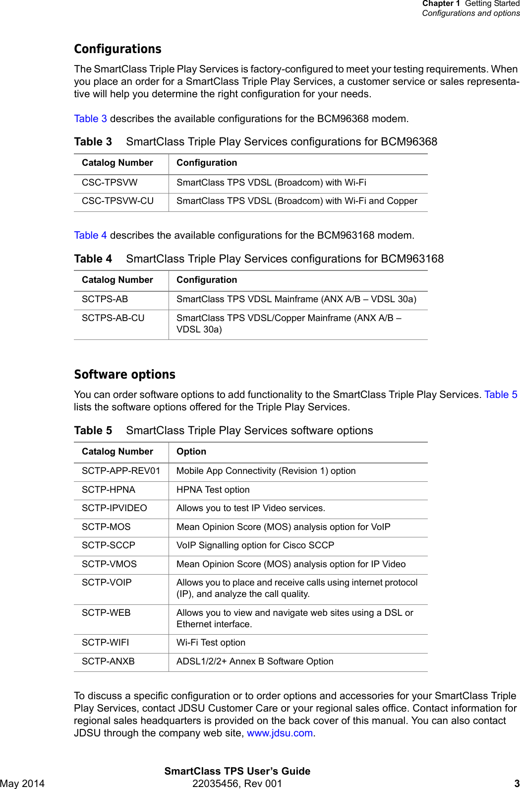 Chapter 1 Getting StartedConfigurations and optionsSmartClass TPS User’s GuideMay 2014 22035456, Rev 001 3ConfigurationsThe SmartClass Triple Play Services is factory-configured to meet your testing requirements. When you place an order for a SmartClass Triple Play Services, a customer service or sales representa-tive will help you determine the right configuration for your needs.Table 3 describes the available configurations for the BCM96368 modem.Table 4 describes the available configurations for the BCM963168 modem.Software optionsYou can order software options to add functionality to the SmartClass Triple Play Services. Table 5 lists the software options offered for the Triple Play Services.To discuss a specific configuration or to order options and accessories for your SmartClass Triple Play Services, contact JDSU Customer Care or your regional sales office. Contact information for regional sales headquarters is provided on the back cover of this manual. You can also contact JDSU through the company web site, www.jdsu.com.Table 3 SmartClass Triple Play Services configurations for BCM96368 Catalog Number ConfigurationCSC-TPSVW SmartClass TPS VDSL (Broadcom) with Wi-FiCSC-TPSVW-CU SmartClass TPS VDSL (Broadcom) with Wi-Fi and CopperTable 4 SmartClass Triple Play Services configurations for BCM963168 Catalog Number ConfigurationSCTPS-AB SmartClass TPS VDSL Mainframe (ANX A/B – VDSL 30a)SCTPS-AB-CU SmartClass TPS VDSL/Copper Mainframe (ANX A/B – VDSL 30a)Table 5 SmartClass Triple Play Services software optionsCatalog Number OptionSCTP-APP-REV01 Mobile App Connectivity (Revision 1) optionSCTP-HPNA HPNA Test optionSCTP-IPVIDEO Allows you to test IP Video services.SCTP-MOS Mean Opinion Score (MOS) analysis option for VoIPSCTP-SCCP VoIP Signalling option for Cisco SCCPSCTP-VMOS Mean Opinion Score (MOS) analysis option for IP VideoSCTP-VOIP Allows you to place and receive calls using internet protocol (IP), and analyze the call quality.SCTP-WEB Allows you to view and navigate web sites using a DSL or Ethernet interface.SCTP-WIFI Wi-Fi Test optionSCTP-ANXB ADSL1/2/2+ Annex B Software Option