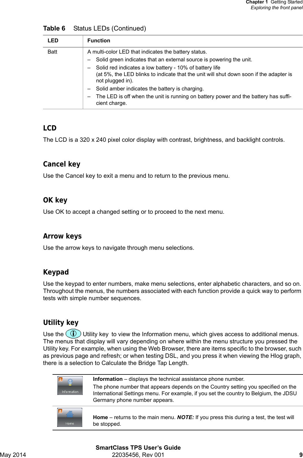 Chapter 1 Getting StartedExploring the front panelSmartClass TPS User’s GuideMay 2014 22035456, Rev 001 9LCDThe LCD is a 320 x 240 pixel color display with contrast, brightness, and backlight controls.Cancel keyUse the Cancel key to exit a menu and to return to the previous menu. OK keyUse OK to accept a changed setting or to proceed to the next menu.Arrow keysUse the arrow keys to navigate through menu selections.KeypadUse the keypad to enter numbers, make menu selections, enter alphabetic characters, and so on. Throughout the menus, the numbers associated with each function provide a quick way to perform tests with simple number sequences.Utility keyUse the   Utility keyto view the Information menu, which gives access to additional menus. The menus that display will vary depending on where within the menu structure you pressed the Utility key. For example, when using the Web Browser, there are items specific to the browser, such as previous page and refresh; or when testing DSL, and you press it when viewing the Hlog graph, there is a selection to Calculate the Bridge Tap Length.Batt A multi-color LED that indicates the battery status.– Solid green indicates that an external source is powering the unit.– Solid red indicates a low battery - 10% of battery life (at 5%, the LED blinks to indicate that the unit will shut down soon if the adapter is not plugged in).– Solid amber indicates the battery is charging.– The LED is off when the unit is running on battery power and the battery has suffi-cient charge.Information – displays the technical assistance phone number.The phone number that appears depends on the Country setting you specified on the International Settings menu. For example, if you set the country to Belgium, the JDSU Germany phone number appears.Home – returns to the main menu. NOTE: If you press this during a test, the test will be stopped.Table 6 Status LEDs (Continued)LED Function