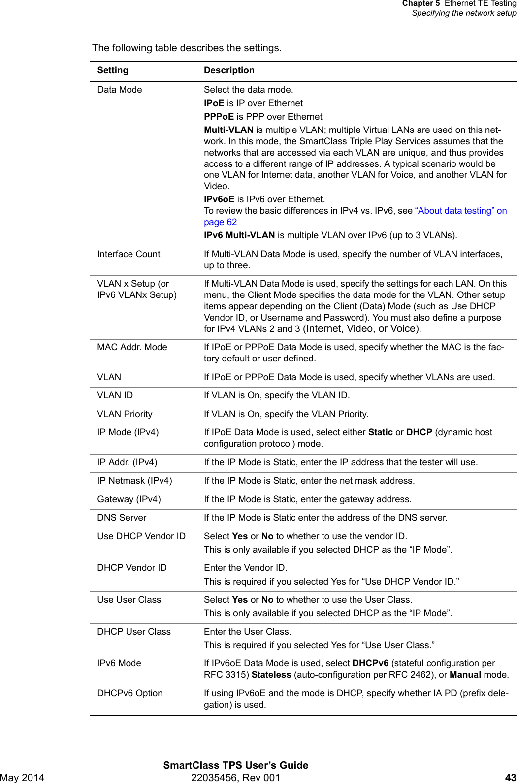 Chapter 5 Ethernet TE TestingSpecifying the network setupSmartClass TPS User’s GuideMay 2014 22035456, Rev 001 43The following table describes the settings. Setting DescriptionData Mode Select the data mode. IPoE is IP over Ethernet PPPoE is PPP over EthernetMulti-VLAN is multiple VLAN; multiple Virtual LANs are used on this net-work. In this mode, the SmartClass Triple Play Services assumes that the networks that are accessed via each VLAN are unique, and thus provides access to a different range of IP addresses. A typical scenario would be one VLAN for Internet data, another VLAN for Voice, and another VLAN for Video.IPv6oE is IPv6 over Ethernet. To review the basic differences in IPv4 vs. IPv6, see “About data testing” on page 62IPv6 Multi-VLAN is multiple VLAN over IPv6 (up to 3 VLANs).Interface Count If Multi-VLAN Data Mode is used, specify the number of VLAN interfaces, up to three.VLAN x Setup (or IPv6 VLANx Setup)If Multi-VLAN Data Mode is used, specify the settings for each LAN. On this menu, the Client Mode specifies the data mode for the VLAN. Other setup items appear depending on the Client (Data) Mode (such as Use DHCP Vendor ID, or Username and Password). You must also define a purpose for IPv4 VLANs 2 and 3 (Internet, Video, or Voice). MAC Addr. Mode If IPoE or PPPoE Data Mode is used, specify whether the MAC is the fac-tory default or user defined.VLAN If IPoE or PPPoE Data Mode is used, specify whether VLANs are used.VLAN ID If VLAN is On, specify the VLAN ID.VLAN Priority If VLAN is On, specify the VLAN Priority.IP Mode (IPv4) If IPoE Data Mode is used, select either Static or DHCP (dynamic host configuration protocol) mode.IP Addr. (IPv4) If the IP Mode is Static, enter the IP address that the tester will use.IP Netmask (IPv4) If the IP Mode is Static, enter the net mask address.Gateway (IPv4) If the IP Mode is Static, enter the gateway address.DNS Server If the IP Mode is Static enter the address of the DNS server.Use DHCP Vendor ID Select Yes or No to whether to use the vendor ID.This is only available if you selected DHCP as the “IP Mode”.DHCP Vendor ID Enter the Vendor ID.This is required if you selected Yes for “Use DHCP Vendor ID.”Use User Class Select Yes or No to whether to use the User Class.This is only available if you selected DHCP as the “IP Mode”.DHCP User Class Enter the User Class.This is required if you selected Yes for “Use User Class.”IPv6 Mode If IPv6oE Data Mode is used, select DHCPv6 (stateful configuration per RFC 3315) Stateless (auto-configuration per RFC 2462), or Manual mode.DHCPv6 Option If using IPv6oE and the mode is DHCP, specify whether IA PD (prefix dele-gation) is used.