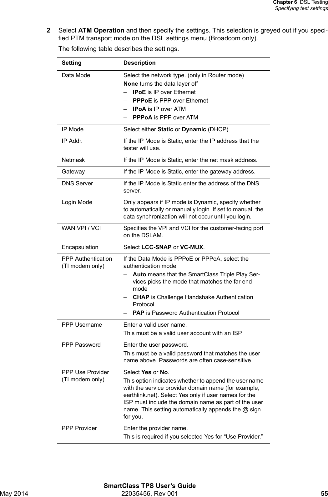 Chapter 6 DSL TestingSpecifying test settingsSmartClass TPS User’s GuideMay 2014 22035456, Rev 001 552Select ATM Operation and then specify the settings. This selection is greyed out if you speci-fied PTM transport mode on the DSL settings menu (Broadcom only).The following table describes the settings. Setting DescriptionData Mode Select the network type. (only in Router mode)None turns the data layer off–IPoE is IP over Ethernet –PPPoE is PPP over Ethernet–IPoA is IP over ATM–PPPoA is PPP over ATMIP Mode Select either Static or Dynamic (DHCP).IP Addr. If the IP Mode is Static, enter the IP address that the tester will use.Netmask If the IP Mode is Static, enter the net mask address.Gateway If the IP Mode is Static, enter the gateway address.DNS Server If the IP Mode is Static enter the address of the DNS server.Login Mode Only appears if IP mode is Dynamic, specify whether to automatically or manually login. If set to manual, the data synchronization will not occur until you login.WAN VPI / VCI  Specifies the VPI and VCI for the customer-facing port on the DSLAM.Encapsulation Select LCC-SNAP or VC-MUX.PPP Authentication(TI modem only)If the Data Mode is PPPoE or PPPoA, select the authentication mode–Auto means that the SmartClass Triple Play Ser-vices picks the mode that matches the far end mode–CHAP is Challenge Handshake Authentication Protocol–PAP is Password Authentication ProtocolPPP Username Enter a valid user name.This must be a valid user account with an ISP.PPP Password Enter the user password.This must be a valid password that matches the user name above. Passwords are often case-sensitive.PPP Use Provider(TI modem only)Select Yes or No.This option indicates whether to append the user name with the service provider domain name (for example, earthlink.net). Select Yes only if user names for the ISP must include the domain name as part of the user name. This setting automatically appends the @ sign for you. PPP Provider Enter the provider name.This is required if you selected Yes for “Use Provider.”