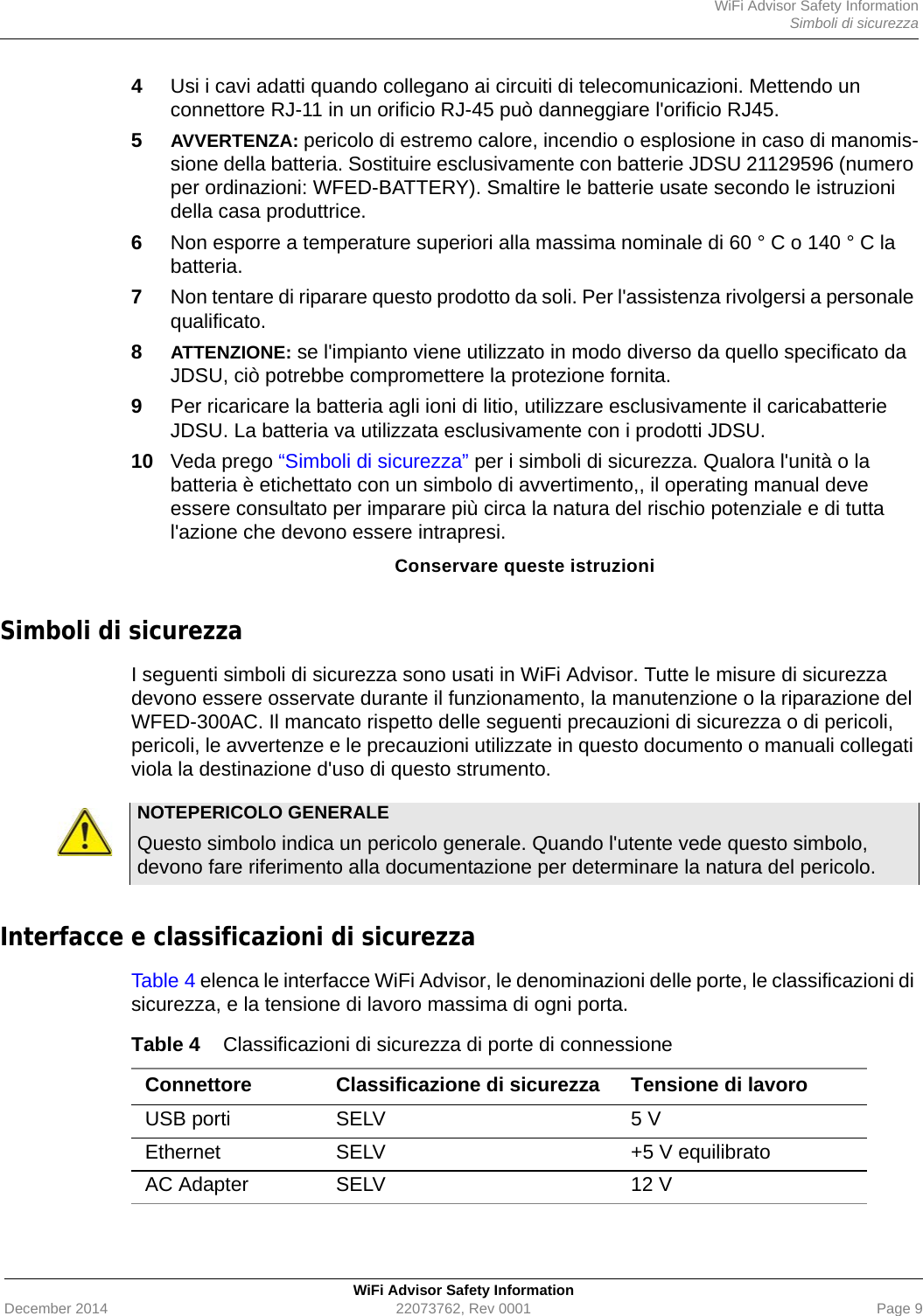 WiFi Advisor Safety InformationSimboli di sicurezzaWiFi Advisor Safety InformationDecember 2014 22073762, Rev 0001 Page 94Usi i cavi adatti quando collegano ai circuiti di telecomunicazioni. Mettendo un connettore RJ-11 in un orificio RJ-45 può danneggiare l&apos;orificio RJ45.5AVVERTENZA: pericolo di estremo calore, incendio o esplosione in caso di manomis-sione della batteria. Sostituire esclusivamente con batterie JDSU 21129596 (numero per ordinazioni: WFED-BATTERY). Smaltire le batterie usate secondo le istruzioni della casa produttrice.6Non esporre a temperature superiori alla massima nominale di 60 ° C o 140 ° C la batteria.7Non tentare di riparare questo prodotto da soli. Per l&apos;assistenza rivolgersi a personale qualificato.8ATTENZIONE: se l&apos;impianto viene utilizzato in modo diverso da quello specificato da JDSU, ciò potrebbe compromettere la protezione fornita.9Per ricaricare la batteria agli ioni di litio, utilizzare esclusivamente il caricabatterie JDSU. La batteria va utilizzata esclusivamente con i prodotti JDSU.10 Veda prego “Simboli di sicurezza” per i simboli di sicurezza. Qualora l&apos;unità o la batteria è etichettato con un simbolo di avvertimento,, il operating manual deve essere consultato per imparare più circa la natura del rischio potenziale e di tutta l&apos;azione che devono essere intrapresi.Conservare queste istruzioniSimboli di sicurezza I seguenti simboli di sicurezza sono usati in WiFi Advisor. Tutte le misure di sicurezza devono essere osservate durante il funzionamento, la manutenzione o la riparazione del WFED-300AC. Il mancato rispetto delle seguenti precauzioni di sicurezza o di pericoli, pericoli, le avvertenze e le precauzioni utilizzate in questo documento o manuali collegati viola la destinazione d&apos;uso di questo strumento.Interfacce e classificazioni di sicurezza Table 4 elenca le interfacce WiFi Advisor, le denominazioni delle porte, le classificazioni di sicurezza, e la tensione di lavoro massima di ogni porta.NOTEPERICOLO GENERALE Questo simbolo indica un pericolo generale. Quando l&apos;utente vede questo simbolo, devono fare riferimento alla documentazione per determinare la natura del pericolo.Table 4 Classificazioni di sicurezza di porte di connessioneConnettore Classificazione di sicurezza Tensione di lavoroUSB porti SELV 5 VEthernet SELV +5 V equilibratoAC Adapter SELV 12 V