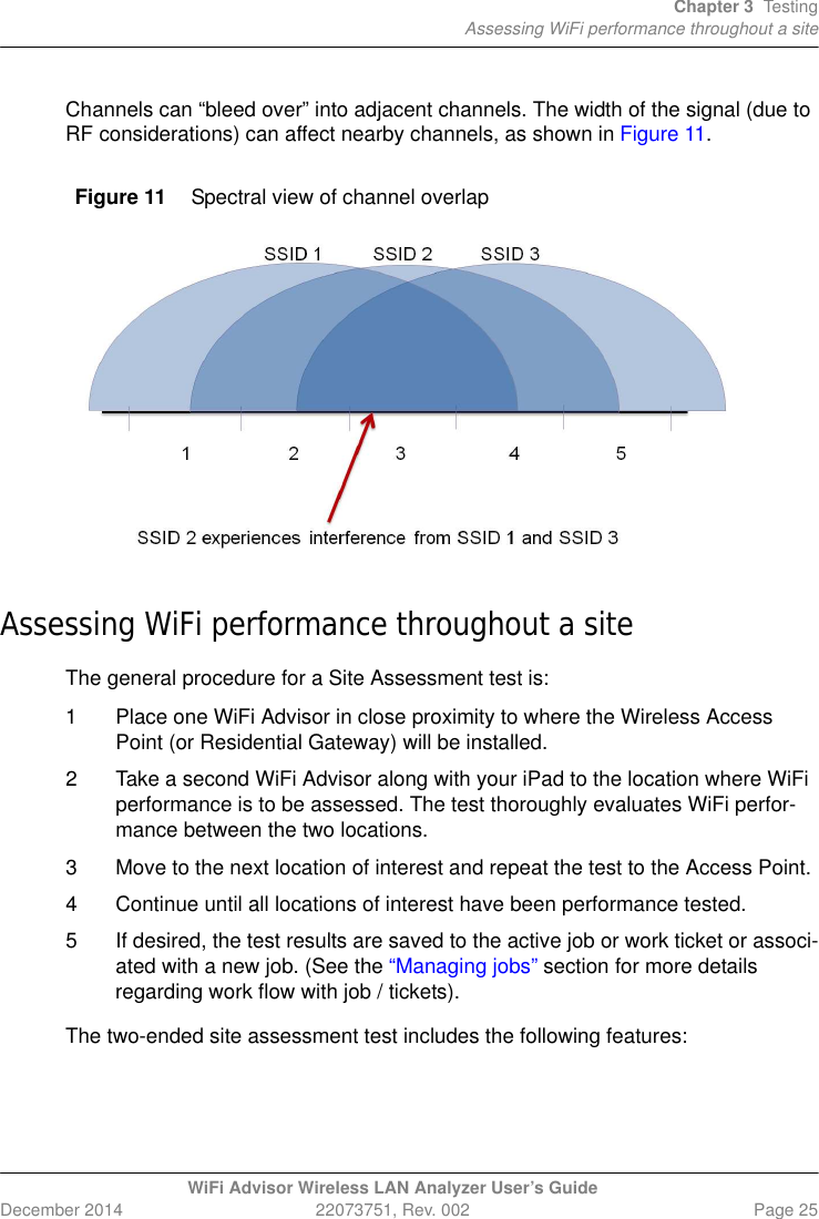 Chapter 3 TestingAssessing WiFi performance throughout a siteWiFi Advisor Wireless LAN Analyzer User’s GuideDecember 2014 22073751, Rev. 002 Page 25Channels can “bleed over” into adjacent channels. The width of the signal (due to RF considerations) can affect nearby channels, as shown in Figure 11.Assessing WiFi performance throughout a siteThe general procedure for a Site Assessment test is:1 Place one WiFi Advisor in close proximity to where the Wireless Access Point (or Residential Gateway) will be installed. 2 Take a second WiFi Advisor along with your iPad to the location where WiFi performance is to be assessed. The test thoroughly evaluates WiFi perfor-mance between the two locations. 3 Move to the next location of interest and repeat the test to the Access Point.4 Continue until all locations of interest have been performance tested.5 If desired, the test results are saved to the active job or work ticket or associ-ated with a new job. (See the “Managing jobs” section for more details regarding work flow with job / tickets). The two-ended site assessment test includes the following features:Figure 11 Spectral view of channel overlap