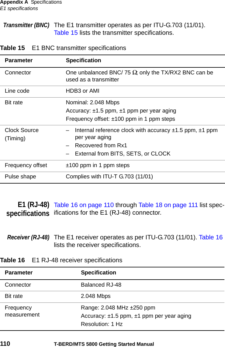 Appendix A SpecificationsE1 specifications110 T-BERD/MTS 5800 Getting Started ManualTransmitter (BNC)The E1 transmitter operates as per ITU-G.703 (11/01). Table 15 lists the transmitter specifications.E1 (RJ-48)specificationsTable 16 on page 110 through Table 18 on page 111 list spec-ifications for the E1 (RJ-48) connector.Receiver (RJ-48)The E1 receiver operates as per ITU-G.703 (11/01). Table 16 lists the receiver specifications.Table 15 E1 BNC transmitter specificationsParameter SpecificationConnector One unbalanced BNC/ 75 Ω; only the TX/RX2 BNC can be used as a transmitterLine code HDB3 or AMIBit rate Nominal: 2.048 Mbps Accuracy: ±1.5 ppm, ±1 ppm per year agingFrequency offset: ±100 ppm in 1 ppm stepsClock Source(Timing)– Internal reference clock with accuracy ±1.5 ppm, ±1 ppm per year aging– Recovered from Rx1– External from BITS, SETS, or CLOCKFrequency offset ±100 ppm in 1 ppm stepsPulse shape Complies with ITU-T G.703 (11/01)Table 16 E1 RJ-48 receiver specificationsParameter SpecificationConnector Balanced RJ-48Bit rate 2.048 MbpsFrequencymeasurementRange: 2.048 MHz ±250 ppm Accuracy: ±1.5 ppm, ±1 ppm per year agingResolution: 1 Hz