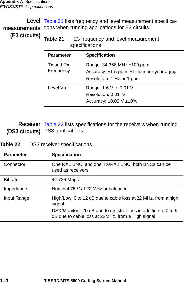 Appendix A SpecificationsE3/DS3/STS-1 specifications114 T-BERD/MTS 5800 Getting Started ManualLevelmeasurements(E3 circuits)Table 21 lists frequency and level measurement specifica-tions when running applications for E3 circuits.Receiver(DS3 circuits)Table 22 lists specifications for the receivers when running DS3 applications.Table 21 E3 frequency and level measurement specificationsParameter SpecificationTx and Rx Frequency Range: 34.368 MHz ±100 ppmAccuracy: ±1.5 ppm, ±1 ppm per year agingResolution: 1 Hz or 1 ppmLevel Vp Range: 1.6 V to 0.01 VResolution: 0.01  V Accuracy: ±0.02 V ±10%Table 22 DS3 receiver specificationsParameter SpecificationConnector One RX1 BNC, and one TX/RX2 BNC; both BNCs can be used as receiversBit rate 44.736 MbpsImpedance Nominal 75 Ω at 22 MHz unbalanced Input Range High/Low: 0 to 12 dB due to cable loss at 22 MHz, from a high signal DSX/Monitor: -20 dB due to resistive loss in addition to 0 to 9 dB due to cable loss at 22MHz, from a High signal 