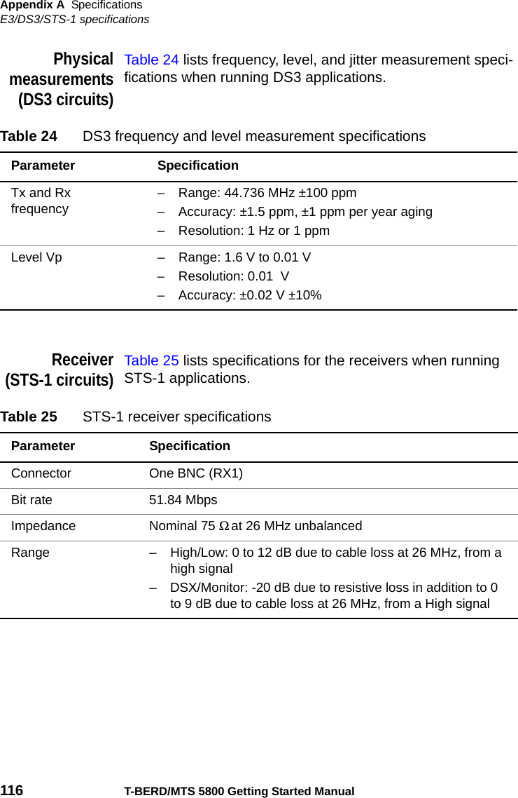 Appendix A SpecificationsE3/DS3/STS-1 specifications116 T-BERD/MTS 5800 Getting Started ManualPhysicalmeasurements(DS3 circuits)Table 24 lists frequency, level, and jitter measurement speci-fications when running DS3 applications.Receiver(STS-1 circuits)Table 25 lists specifications for the receivers when running STS-1 applications.Table 24 DS3 frequency and level measurement specificationsParameter SpecificationTx and Rx frequency – Range: 44.736 MHz ±100 ppm– Accuracy: ±1.5 ppm, ±1 ppm per year aging– Resolution: 1 Hz or 1 ppmLevel Vp – Range: 1.6 V to 0.01 V– Resolution: 0.01  V – Accuracy: ±0.02 V ±10%Table 25 STS-1 receiver specificationsParameter SpecificationConnector One BNC (RX1)Bit rate 51.84 MbpsImpedance Nominal 75 Ω at 26 MHz unbalanced Range – High/Low: 0 to 12 dB due to cable loss at 26 MHz, from a high signal – DSX/Monitor: -20 dB due to resistive loss in addition to 0 to 9 dB due to cable loss at 26 MHz, from a High signal 