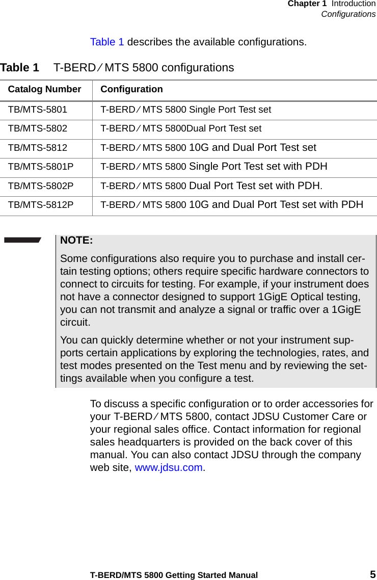 Chapter 1 IntroductionConfigurationsT-BERD/MTS 5800 Getting Started Manual 5Table 1 describes the available configurations.To discuss a specific configuration or to order accessories for your T-BERD ⁄ MTS 5800, contact JDSU Customer Care or your regional sales office. Contact information for regional sales headquarters is provided on the back cover of this manual. You can also contact JDSU through the company web site, www.jdsu.com.Table 1 T-BERD ⁄ MTS 5800 configurationsCatalog Number ConfigurationTB/MTS-5801 T-BERD ⁄ MTS 5800 Single Port Test setTB/MTS-5802 T-BERD ⁄ MTS 5800Dual Port Test setTB/MTS-5812 T-BERD ⁄ MTS 5800 10G and Dual Port Test setTB/MTS-5801P T-BERD ⁄ MTS 5800 Single Port Test set with PDHTB/MTS-5802P T-BERD ⁄ MTS 5800 Dual Port Test set with PDH.TB/MTS-5812P T-BERD ⁄ MTS 5800 10G and Dual Port Test set with PDHNOTE:Some configurations also require you to purchase and install cer-tain testing options; others require specific hardware connectors to connect to circuits for testing. For example, if your instrument does not have a connector designed to support 1GigE Optical testing, you can not transmit and analyze a signal or traffic over a 1GigE circuit.You can quickly determine whether or not your instrument sup-ports certain applications by exploring the technologies, rates, and test modes presented on the Test menu and by reviewing the set-tings available when you configure a test.