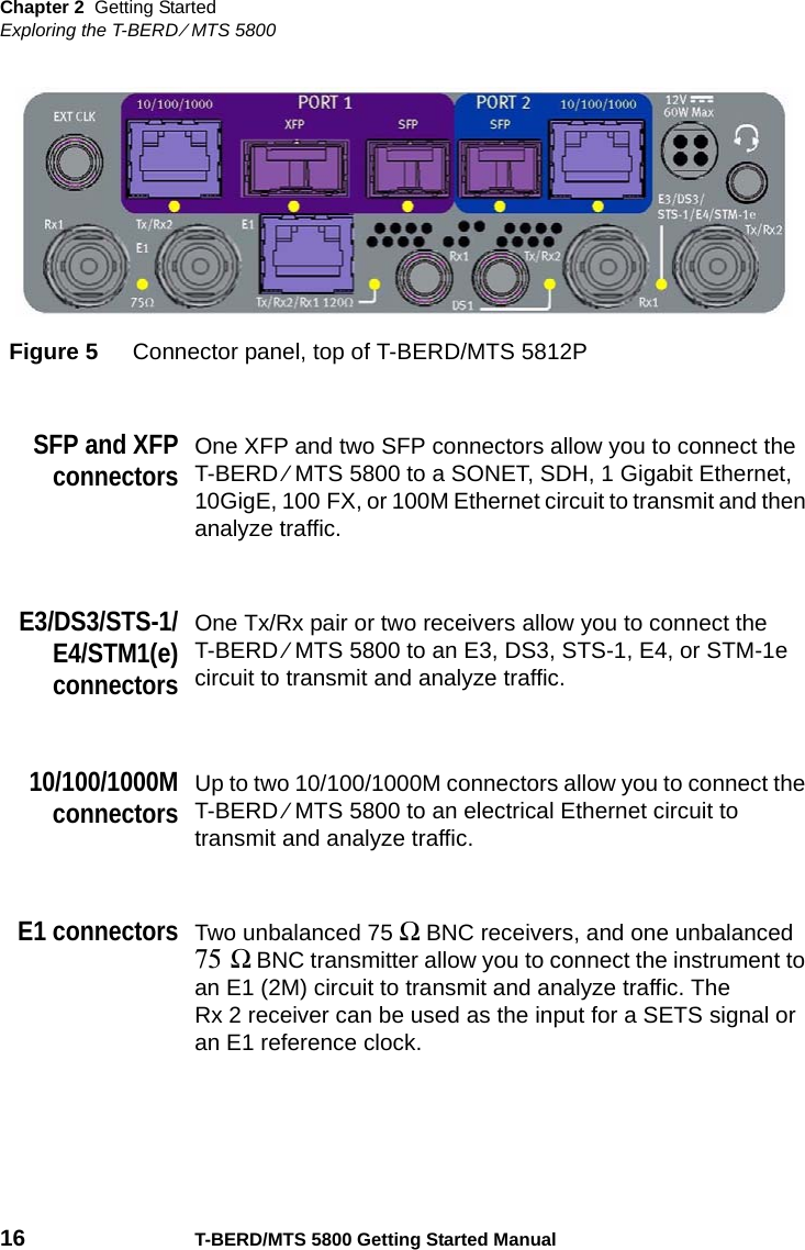 Chapter 2 Getting StartedExploring the T-BERD ⁄ MTS 580016 T-BERD/MTS 5800 Getting Started ManualSFP and XFPconnectorsOne XFP and two SFP connectors allow you to connect the T-BERD ⁄ MTS 5800 to a SONET, SDH, 1 Gigabit Ethernet, 10GigE, 100 FX, or 100M Ethernet circuit to transmit and then analyze traffic.E3/DS3/STS-1/E4/STM1(e)connectorsOne Tx/Rx pair or two receivers allow you to connect the T-BERD ⁄ MTS 5800 to an E3, DS3, STS-1, E4, or STM-1e circuit to transmit and analyze traffic.10/100/1000MconnectorsUp to two 10/100/1000M connectors allow you to connect the T-BERD ⁄ MTS 5800 to an electrical Ethernet circuit to transmit and analyze traffic.E1 connectorsTwo unbalanced 75 Ω  BNC receivers, and one unbalanced 75 Ω BNC transmitter allow you to connect the instrument to an E1 (2M) circuit to transmit and analyze traffic. The Rx 2 receiver can be used as the input for a SETS signal or an E1 reference clock. Figure 5 Connector panel, top of T-BERD/MTS 5812P