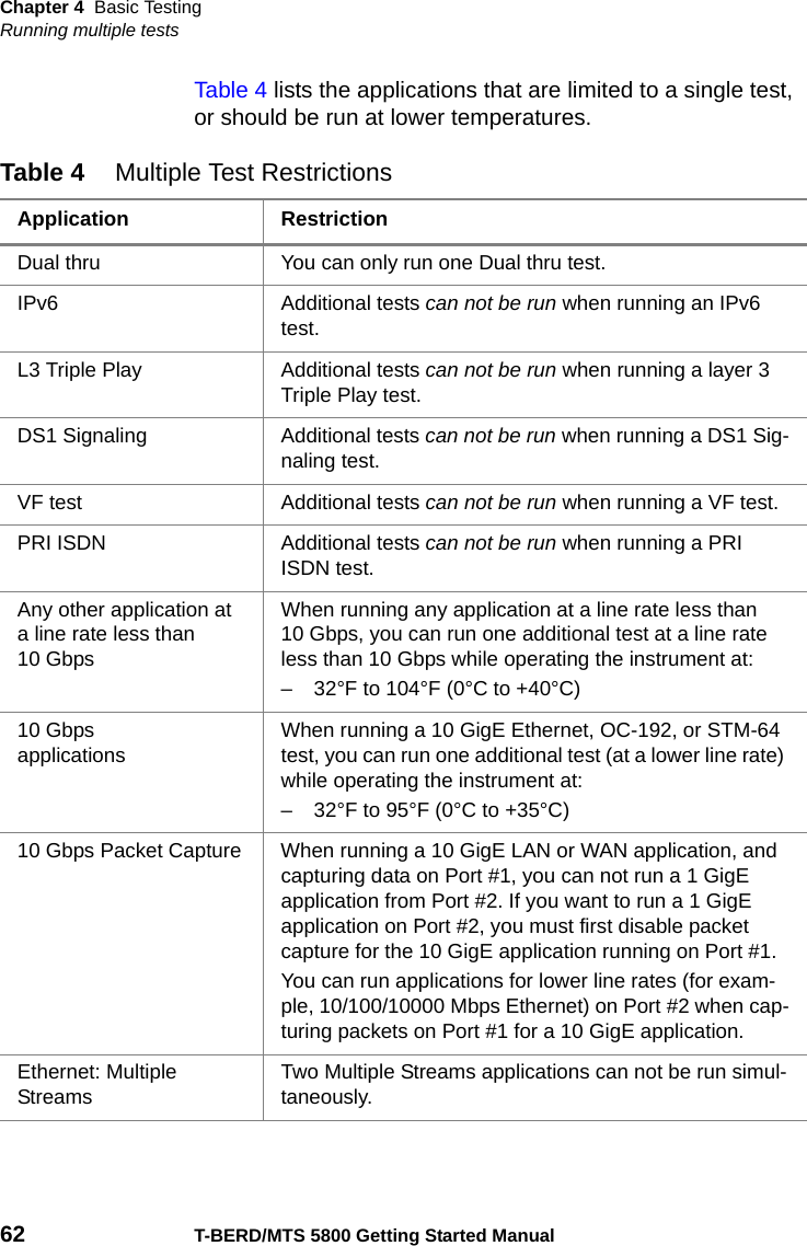 Chapter 4 Basic TestingRunning multiple tests62 T-BERD/MTS 5800 Getting Started ManualTable 4 lists the applications that are limited to a single test, or should be run at lower temperatures.Table 4 Multiple Test RestrictionsApplication RestrictionDual thru You can only run one Dual thru test.IPv6 Additional tests can not be run when running an IPv6 test.L3 Triple Play Additional tests can not be run when running a layer 3 Triple Play test.DS1 Signaling Additional tests can not be run when running a DS1 Sig-naling test.VF test Additional tests can not be run when running a VF test.PRI ISDN Additional tests can not be run when running a PRI ISDN test.Any other application at a line rate less than 10 GbpsWhen running any application at a line rate less than 10 Gbps, you can run one additional test at a line rate less than 10 Gbps while operating the instrument at:– 32°F to 104°F (0°C to +40°C)10 Gbps applicationsWhen running a 10 GigE Ethernet, OC-192, or STM-64 test, you can run one additional test (at a lower line rate) while operating the instrument at:– 32°F to 95°F (0°C to +35°C)10 Gbps Packet Capture When running a 10 GigE LAN or WAN application, and capturing data on Port #1, you can not run a 1 GigE application from Port #2. If you want to run a 1 GigE application on Port #2, you must first disable packet capture for the 10 GigE application running on Port #1.You can run applications for lower line rates (for exam-ple, 10/100/10000 Mbps Ethernet) on Port #2 when cap-turing packets on Port #1 for a 10 GigE application.Ethernet: Multiple StreamsTwo Multiple Streams applications can not be run simul-taneously.