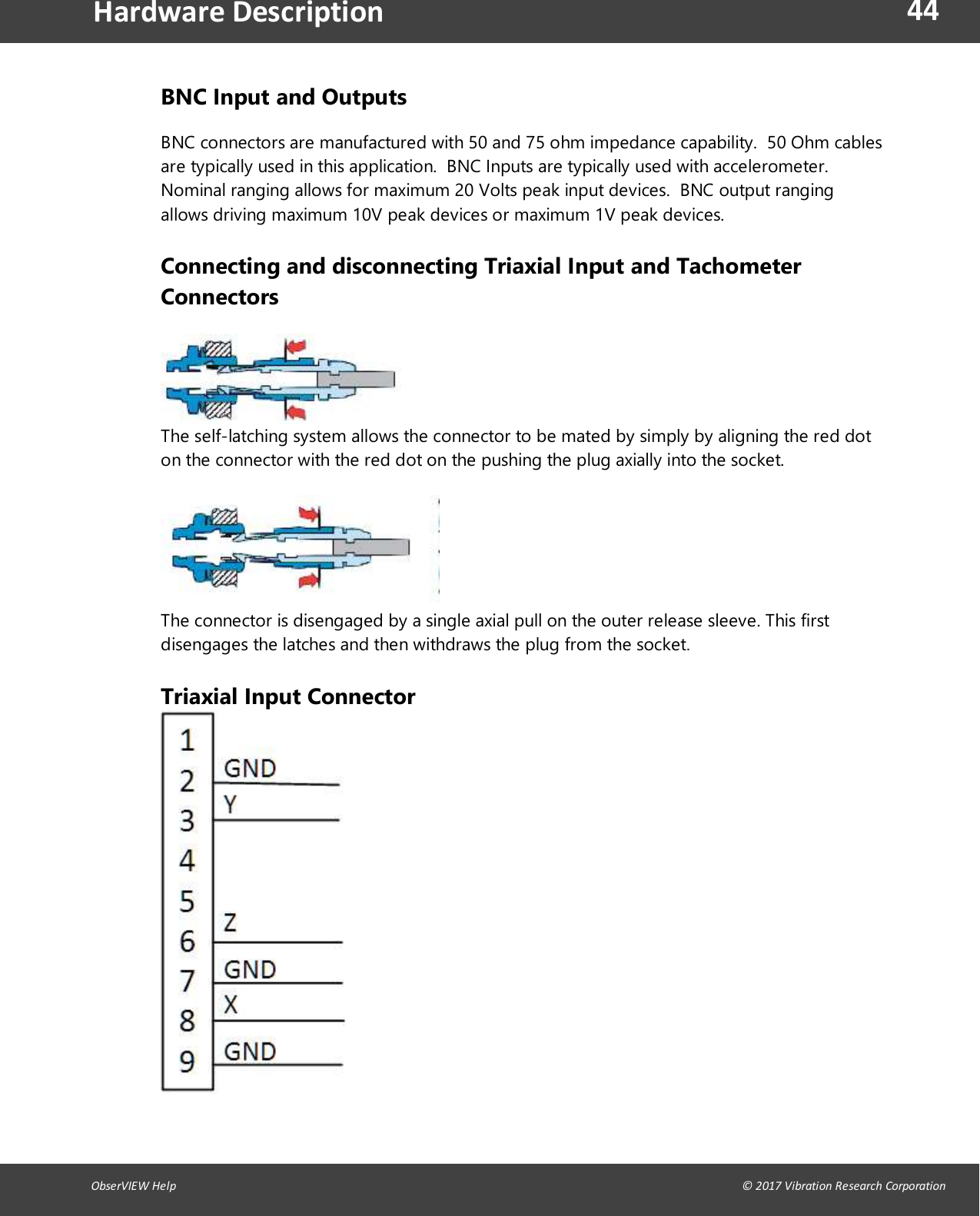 44ObserVIEW Help                                                                                                                                                                                &copy; 2017 Vibration Research CorporationHardware DescriptionBNC Input and OutputsBNC connectors are manufactured with 50 and 75 ohm impedance capability. 50 Ohm cablesare typically used in this application. BNC Inputs are typically used with accelerometer.Nominal ranging allows for maximum 20 Volts peak input devices. BNC output rangingallows driving maximum 10V peak devices or maximum 1V peak devices.Connecting and disconnecting Triaxial Input and TachometerConnectorsThe self-latching system allows the connector to be mated by simply by aligning the red doton the connector with the red dot on the pushing the plug axially into the socket.The connector is disengaged by a single axial pull on the outer release sleeve. This firstdisengages the latches and then withdraws the plug from the socket.Triaxial Input Connector