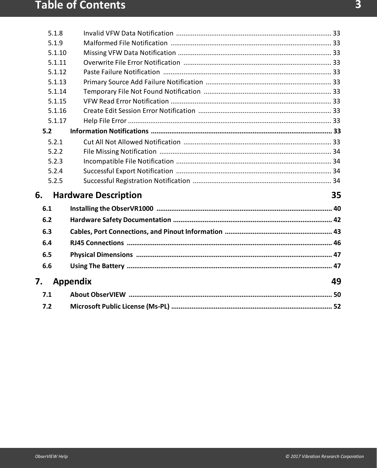 3ObserVIEW Help                                                                                                                                                                                &copy; 2017 Vibration Research CorporationTable of ContentsInvalid VFW Data Notification .................................................................................... 335.1.8Malformed File Notification  ....................................................................................... 335.1.9Missing VFW Data Notification ................................................................................... 335.1.10Overwrite File Error Notification ................................................................................ 335.1.11Paste Failure Notification ........................................................................................... 335.1.12Primary Source Add Failure Notification .................................................................... 335.1.13Temporary File Not Found Notification ..................................................................... 335.1.14VFW Read Error Notification ....................................................................................... 335.1.15Create Edit Session Error Notification  ........................................................................ 335.1.16Help File Error .............................................................................................................. 335.1.175.2 Information Notifications .................................................................................................. 33Cut All Not Allowed Notification ................................................................................ 335.2.1File Missing Notification  ............................................................................................. 345.2.2Incompatible File Notification .................................................................................... 345.2.3Successful Export Notification .................................................................................... 345.2.4Successful Registration Notification ........................................................................... 345.2.56. Hardware Description                                                                                      356.1 Installing the ObserVR1000 ............................................................................................... 406.2 Hardware Safety Documentation ...................................................................................... 426.3 Cables, Port Connections, and Pinout Information .......................................................... 436.4 RJ45 Connections ............................................................................................................... 466.5 Physical Dimensions .......................................................................................................... 476.6 Using The Battery ............................................................................................................... 477. Appendix                                                        497.1 About ObserVIEW .............................................................................................................. 507.2 Microsoft Public License (Ms-PL) ....................................................................................... 52