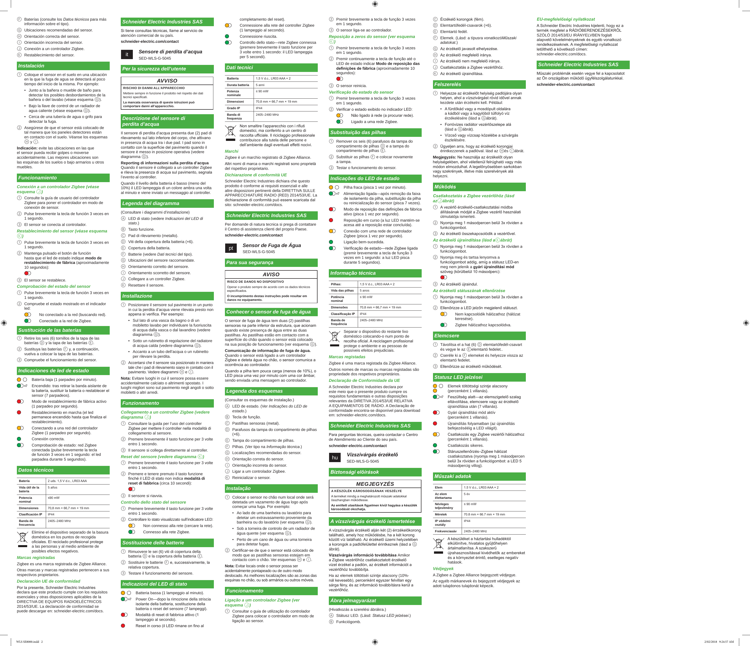 F  Baterías (consulte los Datos técnicos para más información sobre el tipo).G  Ubicaciones recomendadas del sensor.H  Orientación correcta del sensor.I  Orientación incorrecta del sensor.J  Conexión a un controlador Zigbee.K  Restablecimiento del sensor.Instalación1  Coloque el sensor en el suelo en una ubicación en la que la fuga de agua se detectará al poco tiempo del inicio de la misma. Por ejemplo:•  Junto a la bañera o mueble de baño para detectar los posibles desbordamientos de la bañera o del lavabo (véase esquema G).•  Bajo la llave de control de un radiador de agua caliente (véase esquema G).•  Cerca de una tubería de agua o grifo para detectar la fuga.2  Asegúrese de que el sensor está colocado de  tal manera que los paneles detectores están  en contacto con el suelo. Véanse los esquemas H y I.Indicación: evite las ubicaciones en las que el sensor pueda recibir golpes o moverse accidentalmente. Las mejores ubicaciones son las esquinas de los suelos o bajo armarios u otros muebles.FuncionamientoConexión a un controlador Zigbee (véase esquema J)1  Consulte la guía de usuario del controlador Zigbee para poner el controlador en modo de conexión de sensor.2  Pulse brevemente la tecla de función 3 veces en 1 segundo.3  El sensor se conecta al controlador.Restablecimiento del sensor (véase esquema K)1  Pulse brevemente la tecla de función 3 veces en 1 segundo.2  Mantenga pulsado el botón de función hasta que el led de estado indique modo de restablecimiento de fábrica (aproximadamente 10 segundos):3  El sensor se restablece.Comprobación del estado del sensor1  Pulse brevemente la tecla de función 3 veces en 1 segundo.2  Compruebe el estado mostrado en el indicador led:No conectado a la red (buscando red).Conectado a la red de Zigbee.Sustitución de las baterías1  Retire los seis (6) tornillos de la tapa de las baterías D y la tapa de las baterías E.2  Sustituya las baterías F y, a continuación, vuelva a colocar la tapa de las baterías.3  Compruebe el funcionamiento del sensor.Indicaciones de led de estadoBatería baja (1 parpadeo por minuto).Encendido: tras retirar la banda aislante de la batería, sustituir la batería o restablecer el sensor (7 parpadeos).Modo de restablecimiento de fábrica activo (1 parpadeo por segundo).Restablecimiento en marcha (el led permanece encendido hasta que naliza el restablecimiento).Conectando a una red del controlador Zigbee (1 parpadeo por segundo).Conexión correcta.Comprobación de estado: red Zigbee conectada (pulse brevemente la tecla de función 3 veces en 1 segundo: el led parpadea durante 5 segundos).Datos técnicosBatería 2 uds. 1,5 V d.c., LR03 AAAVida útil de la batería 5 añosPotencia nominal ≤90 mWDimensiones 70,8 mm × 66,7 mm × 19 mmClasicación IP IP44Banda de frecuencia 2405–2480 MHzElimine el dispositivo separado de la basura doméstica en los puntos de recogida ociales. El reciclado profesional protege a las personas y al medio ambiente de posibles efectos negativos.Marcas registradasZigbee es una marca registrada de Zigbee Alliance.Otras marcas y marcas registradas pertenecen a sus respectivos propietarios.Declaración UE de conformidadPor la presente, Schneider Electric Industries declara que este producto cumple con los requisitos esenciales y otras disposiciones aplicables de la DIRECTIVA DE EQUIPOS RADIOELÉCTRICOS 2014/53/UE. La declaración de conformidad se puede descargar en: schneider-electric.com/docs.×7Battery:Battery life:Rated power: Dimensions Master part:Slave part:IP rating:Frequency band: Schneider Electric Industries SASSi tiene consultas técnicas, llame al servicio de atención comercial de su país.schneider-electric.com/contactit   Sensore di perdita d’acquaSED-WLS-G-5045Per la sicurezza dell’utenteAVVISORISCHIO DI DANNI ALL’APPARECCHIOMettere sempre in funzione il prodotto nel rispetto dei dati tecnici specicati.La mancata osservanza di queste istruzioni può comportare danni all’apparecchio.Descrizione del sensore di  perdita d’acquaIl sensore di perdita d’acqua presenta due (2) pad di rilevamento sul lato inferiore del corpo, che attivano in presenza di acqua tra i due pad. I pad sono in contatto con la supercie del pavimento quando il sensore è messo in posizione operativa (vedere diagramma G). Reporting di informazioni sulla perdita d’acqua Quando il sensore è collegato a un controller Zigbee e rileva la presenza di acqua sul pavimento, segnala l’evento al controller.Quando il livello della batteria è basso (meno del 10%) il LED lampeggia di un colore ambra una volta al minuto e viene inviato un messaggio al controller.Legenda del diagramma(Consultare i diagrammi d’installazione)A  LED di stato (vedere Indicazioni del LED di stato.)B  Tasto funzione.C  Pad di rilevamento (metallo).D  Viti della copertura della batteria (×6).E  Copertura della batteria.F  Batterie (vedere Dati tecnici del tipo).G  Ubicazioni del sensore raccomandate.H  Orientamento corretto del sensore.I  Orientamento scorretto del sensore.J  Collegare a un controller Zigbee.K  Resettare il sensore.Installazione1  Posizionare il sensore sul pavimento in un punto in cui la perdita d’acqua viene rilevata presto non appena si verica. Per esempio:•  Sul lato di una vasca da bagno o di un mobiletto lavabo per individuare la fuoriuscita di acqua dalla vasca o dal lavandino (vedere diagramma G).•  Sotto un rubinetto di regolazione del radiatore di acqua calda (vedere diagramma G).•  Accanto a un tubo dell’acqua o un rubinetto per rilevare la perdita.2  Accertarsi che il sensore sia posizionato in maniera tale che i pad di rilevamento siano in contatto con il pavimento. Vedere diagrammi H e I.Nota: Evitare luoghi in cui il sensore possa essere accidentalmente calciato o altrimenti spostato. I luoghi migliori sono sul pavimento negli angoli o sotto mobiletti o altri arredi.FunzionamentoCollegamento a un controller Zigbee (vedere diagramma J)1  Consultare la guida per l’uso del controller Zigbee per mettere il controller nella modalità di collegamento al sensore.2  Premere brevemente il tasto funzione per 3 volte entro 1 secondo.3  Il sensore si collega direttamente al controller.Reset del sensore (vedere diagramma K)1  Premere brevemente il tasto funzione per 3 volte entro 1 secondo.2  Premere e tenere premuto il tasto funzione nché il LED di stato non indica modalità di reset di fabbrica (circa 10 secondi):3  Il sensore si riavvia.Controllo dello stato del sensore1  Premere brevemente il tasto funzione per 3 volte entro 1 secondo.2  Controllare lo stato visualizzato sull’indicatore LED:Non connesso alla rete (cercare la rete).Connesso alla rete Zigbee.Sostituzione delle batterie1  Rimuovere le sei (6) viti di copertura della batteria D e la copertura della batteria E.2  Sostituire le batterie F e, successivamente, la relativa copertura.3  Testare il funzionamento del sensore.Indicazioni del LED di statoBatteria bassa (1 lampeggio al minuto).Power On—dopo la rimozione della striscia isolante della batteria, sostituzione della batteria o reset del sensore (7 lampeggi).Modalità di reset di fabbrica attivo (1 lampeggio al secondo).Reset in corso (il LED rimane on no al ×7completamento del reset).Connessione alla rete del controller Zigbee (1 lampeggio al secondo).Connessione riuscita.Controllo dello stato—rete Zigbee connessa (premere brevemente il tasto funzione per  3 volte entro 1 secondo: il LED lampeggia per 5 secondi).Dati tecniciBatteria 1,5 V d.c., LR03 AAA × 2Durata batteria 5 anniPotenza nominale ≤ 90 mWDimensioni 70,8 mm × 66,7 mm × 19 mmGrado IP IP44Banda di frequenza 2405–2480 MHzNon smaltire l’apparecchio con i riuti domestici, ma conferirlo a un centro di raccolta uciale. Il riciclaggio professionale contribuisce alla tutela delle persone e dell’ambiente dagli eventuali eetti nocivi.MarchiZigbee è un marchio registrato di Zigbee Alliance.Altri nomi di marca o marchi registrati sono proprietà del rispettivo proprietario.Dichiarazione di conformità UESchneider Electric Industries dichiara che questo prodotto è conforme ai requisiti essenziali e alle altre disposizioni pertinenti della DIRETTIVA SULLE APPARECCHIATURE RADIO (RED) 2014/53/UE. La dichiarazione di conformità può essere scaricata dal sito: schneider-electric.com/docs.Schneider Electric Industries SASPer domande di natura tecnica si prega di contattare il Centro di assistenza clienti del proprio Paese.schneider-electric.com/contactpt   Sensor de Fuga de ÁguaSED-WLS-G-5045Para sua segurançaAVISORISCO DE DANOS NO DISPOSITIVOOperar o produto sempre de acordo com os dados técnicos especicados.O incumprimento destas instruções pode resultar em danos no equipamento.Conhecer o sensor de fuga de águaO sensor de fuga de água tem duas (2) pastilhas sensoras na parte inferior da estrutura, que acionam  quando existe presença de água entre as duas pastilhas. As pastilhas estão em contacto com a superfície do chão quando o sensor está colocado na sua posição de funcionamento (ver esquema G). Comunicação de informação de fuga de água. Quando o sensor está ligado a um controlador Zigbee e deteta água no chão, o sensor comunica a ocorrência ao controlador.Quando a pilha tem pouca carga (menos de 10%), o LED pisca uma vez por minuto com uma cor âmbar, sendo enviada uma mensagem ao controlador.Legenda dos esquemas(Consultar os esquemas de instalação.)A  LED de estado. (Ver Indicações do LED de estado.)B  Tecla de função.C  Pastilhas sensoras (metal).D  Parafusos da tampa do compartimento de pilhas (×6).E  Tampa do compartimento de pilhas.F  Pilhas. (Ver tipo na Informação técnica.)G  Localizações recomendadas do sensor.H  Orientação correta do sensor.I  Orientação incorreta do sensor.J  Ligar a um controlador Zigbee.K  Reinicializar o sensor.Instalação1  Colocar o sensor no chão num local onde será detetada um vazamento de água logo após começar uma fuga. Por exemplo:•  Ao lado de uma banheira ou lavatório para detetar um extravasamento proveniente da banheira ou do lavatório (ver esquema G).•  Sob a torneira de controlo de um radiador de água quente (ver esquema G).•  Perto de um cano de água ou uma torneira para detetar fugas.2  Certicar-se de que o sensor está colocado de modo que as pastilhas sensoras estejam em contacto com o chão. Ver esquemas H e I.Nota: Evitar locais onde o sensor possa ser acidentalmente pontapeado ou de outro modo deslocado. As melhores localizações são as zonas das esquinas no chão, ou sob armários ou outros móveis.FuncionamentoLigação a um controlador Zigbee (ver esquema J)1  Consultar o guia de utilização do controlador Zigbee para colocar o controlador em modo de ligação ao sensor.Battery:Battery life:Rated power: Dimensions Master part:Slave part:IP rating:Frequency band: 2  Premir brevemente a tecla de função 3 vezes em 1 segundo.3  O sensor liga-se ao controlador.Reposição a zeros do sensor (ver esquema K)1  Premir brevemente a tecla de função 3 vezes em 1 segundo.2  Premir continuamente a tecla de função até o LED de estado indicar Modo de reposição das denições de fábrica (aproximadamente 10 segundos):3  O sensor reinicia.Vericação do estado do sensor1  Premir brevemente a tecla de função 3 vezes em 1 segundo.2  Vericar o estado exibido no indicador LED:Não ligado à rede (a procurar rede).Ligado a uma rede Zigbee.Substituição das pilhas1  Remover os seis (6) parafusos da tampa do compartimento de pilhas D e a tampa do compartimento de pilhas E.2  Substituir as pilhas F e colocar novamente  a tampa.3  Testar o funcionamento do sensor.Indicações do LED de estadoPilha fraca (pisca 1 vez por minuto).Alimentação ligada—após remoção da faixa de isolamento da pilha, substituição da pilha ou reinicialização do sensor (pisca 7 vezes).Modo de reposição das denições de fábrica ativo (pisca 1 vez por segundo).Reposição em curso (a luz LED mantém-se acesa até a reposição estar concluída).Conexão com uma rede de controlador Zigbee (pisca 1 vez por segundo).Ligação bem-sucedida.Vericação de estado—rede Zigbee ligada (premir brevemente a tecla de função 3 vezes em 1 segundo: a luz LED pisca durante 5 segundos).Informação técnicaPilhas: 1,5 V d.c., LR03 AAA × 2Vida das pilhas 5 anosPotência nominal ≤ 90 mWDimensões 70,8 mm × 66,7 mm × 19 mmClassicação IP IP44Banda de frequência 2405–2480 MHzSeparar o dispositivo do restante lixo doméstico colocando-o num ponto de recolha ocial. A reciclagem prossional protege o ambiente e as pessoas de possíveis efeitos prejudiciais.Marcas registadasZigbee é uma marca registada da Zigbee Alliance.Outros nomes de marcas ou marcas registadas são propriedade dos respetivos proprietários.Declaração de Conformidade da UEA Schneider Electric Industries declara por este meio que o presente produto cumpre os requisitos fundamentais e outras disposições relevantes da DIRETIVA 2014/53/UE RELATIVA A EQUIPAMENTOS DE RÁDIO. A Declaração de conformidade encontra-se disponível para download em: schneider-electric.com/docs.Schneider Electric Industries SASPara perguntas técnicas, queira contactar o Centro de Atendimento ao Cliente do seu país.schneider-electric.com/contacthu   Vízszivárgás érzékelőSED-WLS-G-5045Biztonsági előírásokMEGJEGYZÉSA KÉSZÜLÉK KÁROSODÁSÁNAK VESZÉLYEA terméket mindig a meghatározott műszaki adatokkal összhangban működtesse.Az említett utasítások gyelmen kívül hagyása a készülék károsodását okozhatja.A vízszivárgás érzékelő ismertetéseA vízszivárgás érzékelő alján két (2) érrzékelőkorong található, amely hoz működésbe, ha a két korong között víz található. Az érzékelő üzemi helyzetében a korongok a padlófelülettel érintkeznek (lásd a G ábrát). Vízszivárgás információ továbbítása Amikor a Zigbee vezérlőhöz csatlakoztatott érzékelő vizet érzékel a padlón, az érzékelt információt a vezérlőhöz továbbbítja.Ha az elemek töltöttséi szintje alacsony (10%-nál kevesebb), percenként egyszer felvillan egy sárga fény, és az információ továbbításra kerül a vezérlőhöz.Ábra jelmagyarázat(Hivatkozás a szerelési ábrákra.)A  Státusz LED. (Lásd: Statusz LED jelzései.)B  Funkciógomb.×7Battery:Battery life:Rated power: Dimensions Master part:Slave part:IP rating:Frequency band: C  Érzékelő korongok (fém).D  Elemtartófedél-csavarok (×6).E  Elemtartó fedél.F  Elemek. (Lásd: a típusra vonatkozóMűszaki adatokat.)G  Az érzékelő javasolt elhelyezése.H  Az érzékelő megfelelő iránya.I  Az érzékelő nem megfelelő iránya.J  Csatlakoztatás a Zigbee vezérlőhöz.K  Az érzékelő újraindítása.Felszerelés1  Helyezze az érzékelőt helyiség padlójára olyan helyen, ahol a vízszivárgást rövid idővel annak kezdete után érzékelni kell. Például:•  A fürdőkád vagy a mosdópult oldalára a kádból vagy a kagylóból túlfolyó víz érzékelésére (lásd a Gábrát).•  Forróvizes radiátor vezérlőszelepe alá  (lásd a Gábrát).•  Vízcső vagy vízcsap közelébe a szivárgás észlelésére.2  Ügyeljen arra, hogy az érzékelő korongjai érintkezzenek a padlóval. lásd az Hés Iábrát.Megjegyzés: Ne használja az érzékelőt olyan helyiségekben, ahol véletlenül felrúgható vagy más módon elmozdulhat. A legelőnyösebben sarkokban vagy szekrények, illetve más szerelvények alá helyezni.MűködésCsatlakoztatás a Zigbee vezérlőhöz (lásd azJábrát)1  A vezérlő érzékelő-csatlakoztatási módba állításának módját a Zigbee vezérlő használati útmutatója ismerteti.2  Nyomja meg 1 másodpercen belül 3x röviden a funkciógombot.3  Az érzékelő összekapcsolódik a vezérlővel.Az érzékelő újraindítása (lásd aKábrát)1  Nyomja meg 1 másodpercen belül 3x röviden a funkciógombot.2  Nyomja meg és tartsa lenyomva a funkciógombot addig, amíg a státusz LED-en meg nem jelenik a gyári újraindítási mód szöveg (körülbelül 10 másodperc):3  Az érzékelő újraindul.Az érzékelő státuszának ellenőrzése1  Nyomja meg 1 másodpercen belül 3x röviden a funkciógombot.2  Ellenőrizze a LED jelzőn megjelenő státuszt.Nem kapcsolódik hálózathoz (hálózat keresése).Zigbee hálózathoz kapcsolódva.Elemcsere1  Távolítsa el a hat (6) D elemtartófedél-csavart és vegye le az Eelemtartó fedelet..2  Cseréle ki a F elemeket és helyezze vissza az elemtartó fedelet.3  Ellenőrizze az érzékelő működését.Statusz LED jelzéseiElemek töltöttségi szintje alacsony (percenként 1 villanás).Feszültség alatt—az elemszigetelő szalag eltávolítása, elemcsere vagy az érzékelő újraindítása után (7 villanás).Gyári újraindítási mód aktív  (percenként 1 villanás).Újraindítás folyamatban (az újraindítás befejezésééig a LED világít).Csatlakozás egy Zigbee vezérlői hálózathoz (percenként 1 villanás).Csatlakozás sikeres.Stáruszellenőrzés–Zigbee hálózat csatlakoztatva (nyomja meg 1 másodpercen belül 3x röviden a funkciógombot: a LED 5 másodpercig villog).Műszaki adatokElem 1.5 V d.c., LR03 AAA × 2Az elem élettartama 5 évNévleges teljesítmény ≤ 90 mWMéretek 70.8 mm × 66.7 mm × 19 mmIP védelmi osztály IP44Frekvenciasáv 2405–2480 MHzA készüléket a háztartási hulladéktól elkülönítve, hivatalos gyűjtőhelyen ártalmatlanítsa. A szakszerű újrahasznosítással kivédhetők az embereket és a környeztet érintő, esetleges negatív hatások.VédjegyekA Zigbee a Zigbee Alliance bejegyzett védjegye.Az egyéb márkanevek és bejegyzett védjegyek az adott tulajdonos tulajdonát képezik.×7Battery:Battery life:Rated power: Dimensions Master part:Slave part:IP rating:Frequency band: EU-megfelelőségi nyilatkozatA Schneider Electric Industries kijelenti, hogy ez a termék megfelel a RÁDIÓBERENDEZÉSEKRŐL SZÓLÓ 2014/53/EU IRÁNYELVBEN foglalt alapvető követelményeknek és egyéb vonatkozó rendelkezéseknek. A megfelelőségi nyilatkozat letölthető a következő címen:  schneider-electric.com/docs.Schneider Electric Industries SASMűszaki problémák esetén vegye fel a kapcsolatot az Ön országában működő ügyfélszolgálatunkkal.schneider-electric.com/contactWLS SE8000.indd   2 2/02/2018   9:24:57 AM