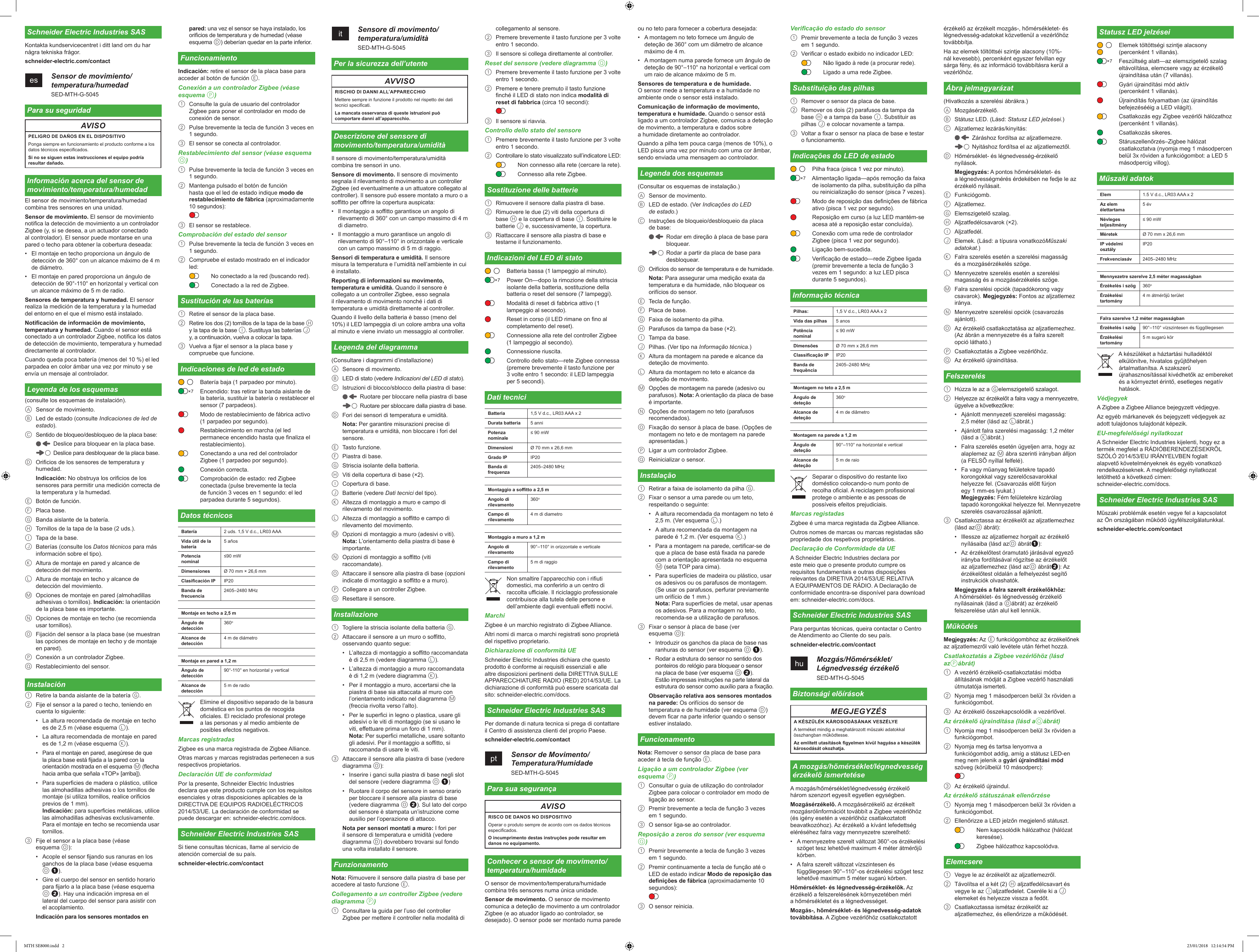 Schneider Electric Industries SASKontakta kundservicecentret i ditt land om du har några tekniska frågor.schneider-electric.com/contactes    Sensor de movimiento/temperatura/humedadSED-MTH-G-5045Para su seguridadAVISOPELIGRO DE DAÑOS EN EL DISPOSITIVOPonga siempre en funcionamiento el producto conforme a los datos técnicos especicados.Si no se siguen estas instrucciones el equipo podría resultar dañado.Información acerca del sensor de movimiento/temperatura/humedadEl sensor de movimiento/temperatura/humedad combina tres sensores en una unidad.Sensor de movimiento. El sensor de movimiento notica la detección de movimiento a un controlador Zigbee (y, si se desea, a un actuador conectado al controlador). El sensor puede montarse en una pared o techo para obtener la cobertura deseada:•  El montaje en techo proporciona un ángulo de detección de 360° con un alcance máximo de 4 m de diámetro.•  El montaje en pared proporciona un ángulo de detección de 90°-110° en horizontal y vertical con un alcance máximo de 5 m de radio.Sensores de temperatura y humedad. El sensor realiza la medición de la temperatura y la humedad del entorno en el que el mismo está instalado.Noticación de información de movimiento, temperatura y humedad. Cuando el sensor está conectado a un controlador Zigbee, notica los datos de detección de movimiento, temperatura y humedad directamente al controlador.Cuando queda poca batería (menos del 10 %) el led parpadea en color ámbar una vez por minuto y se envía un mensaje al controlador.Leyenda de los esquemas(consulte los esquemas de instalación).A  Sensor de movimiento.B  Led de estado (consulte Indicaciones de led de estado).C  Sentido de bloqueo/desbloqueo de la placa base:Deslice para bloquear en la placa base.Deslice para desbloquear de la placa base.D  Oricios de los sensores de temperatura y humedad.Indicación: No obstruya los oricios de los sensores para permitir una medición correcta de la temperatura y la humedad.E  Botón de función.F  Placa base.G  Banda aislante de la batería.H  Tornillos de la tapa de la base (2 uds.).I  Tapa de la base.J  Baterías (consulte los Datos técnicos para más información sobre el tipo).K  Altura de montaje en pared y alcance de detección del movimiento.L  Altura de montaje en techo y alcance de detección del movimiento.M  Opciones de montaje en pared (almohadillas adhesivas o tornillos). Indicación: la orientación de la placa base es importante.N  Opciones de montaje en techo (se recomienda usar tornillos).O  Fijación del sensor a la placa base (se muestran las opciones de montaje en techo y de montaje en pared).P  Conexión a un controlador Zigbee.Q  Restablecimiento del sensor.Instalación1  Retire la banda aislante de la batería G.2  Fije el sensor a la pared o techo, teniendo en cuenta lo siguiente:•  La altura recomendada de montaje en techo es de 2,5 m (véase esquema L).•  La altura recomendada de montaje en pared es de 1,2 m (véase esquema K).•  Para el montaje en pared, asegúrese de que la placa base está jada a la pared con la orientación mostrada en el esquema M (echa hacia arriba que señala «TOP» [arriba]).•  Para supercies de madera o plástico, utilice las almohadillas adhesivas o los tornillos de montaje (si utiliza tornillos, realice oricios previos de 1 mm). Indicación: para supercies metálicas, utilice las almohadillas adhesivas exclusivamente. Para el montaje en techo se recomienda usar tornillos.3  Fije el sensor a la placa base (véase esquema O):•  Acople el sensor jando sus ranuras en los ganchos de la placa base (véase esquema O !).•  Gire el cuerpo del sensor en sentido horario para jarlo a la placa base (véase esquema O “). Hay una indicación impresa en el lateral del cuerpo del sensor para asistir con el acoplamiento.Indicación para los sensores montados en pared: una vez el sensor se haya instalado, los oricios de temperatura y de humedad (véase esquema D) deberían quedar en la parte inferior.FuncionamientoIndicación: retire el sensor de la placa base para acceder al botón de función E.Conexión a un controlador Zigbee (véase esquema P)1  Consulte la guía de usuario del controlador Zigbee para poner el controlador en modo de conexión de sensor.2  Pulse brevemente la tecla de función 3 veces en 1 segundo.3  El sensor se conecta al controlador.Restablecimiento del sensor (véase esquema Q)1  Pulse brevemente la tecla de función 3 veces en 1 segundo.2  Mantenga pulsado el botón de función hasta que el led de estado indique modo de restablecimiento de fábrica (aproximadamente 10 segundos):3  El sensor se restablece.Comprobación del estado del sensor1  Pulse brevemente la tecla de función 3 veces en 1 segundo.2  Compruebe el estado mostrado en el indicador led:No conectado a la red (buscando red).Conectado a la red de Zigbee.Sustitución de las baterías1  Retire el sensor de la placa base.2  Retire los dos (2) tornillos de la tapa de la base H y la tapa de la base I. Sustituya las baterías J y, a continuación, vuelva a colocar la tapa.3  Vuelva a jar el sensor a la placa base y compruebe que funcione.Indicaciones de led de estadoBatería baja (1 parpadeo por minuto).Encendido: tras retirar la banda aislante de la batería, sustituir la batería o restablecer el sensor (7 parpadeos).Modo de restablecimiento de fábrica activo (1 parpadeo por segundo).Restablecimiento en marcha (el led permanece encendido hasta que naliza el restablecimiento).Conectando a una red del controlador Zigbee (1 parpadeo por segundo).Conexión correcta.Comprobación de estado: red Zigbee conectada (pulse brevemente la tecla de función 3 veces en 1 segundo: el led parpadea durante 5 segundos).Datos técnicosBatería 2 uds. 1,5 V d.c., LR03 AAAVida útil de la batería5 añosPotencia nominal≤90 mWDimensiones Ø 70 mm × 26,6 mm Clasicación IP IP20Banda de frecuencia2405–2480 MHzMontaje en techo a 2,5 mÁngulo de detección360oAlcance de detección4 m de diámetroMontaje en pared a 1,2 mÁngulo de detección90°-110° en horizontal y verticalAlcance de detección5 m de radioElimine el dispositivo separado de la basura doméstica en los puntos de recogida ociales. El reciclado profesional protege a las personas y al medio ambiente de posibles efectos negativos.Marcas registradasZigbee es una marca registrada de Zigbee Alliance.Otras marcas y marcas registradas pertenecen a sus respectivos propietarios.Declaración UE de conformidadPor la presente, Schneider Electric Industries declara que este producto cumple con los requisitos esenciales y otras disposiciones aplicables de la DIRECTIVA DE EQUIPOS RADIOELÉCTRICOS 2014/53/UE. La declaración de conformidad se puede descargar en: schneider-electric.com/docs.Schneider Electric Industries SASSi tiene consultas técnicas, llame al servicio de atención comercial de su país.schneider-electric.com/contact×7Battery:Battery life:Rated power: Dimensions Master part:Slave part:IP rating:Frequency band: it    Sensore di movimento/temperatura/umiditàSED-MTH-G-5045Per la sicurezza dell’utenteAVVISORISCHIO DI DANNI ALL’APPARECCHIOMettere sempre in funzione il prodotto nel rispetto dei dati tecnici specicati.La mancata osservanza di queste istruzioni può comportare danni all’apparecchio.Descrizione del sensore di movimento/temperatura/umiditàIl sensore di movimento/temperatura/umidità combina tre sensori in uno.Sensore di movimento. Il sensore di movimento segnala il rilevamento di movimento a un controller Zigbee (ed eventualmente a un attuatore collegato al controller). Il sensore può essere montato a muro o a sotto per orire la copertura auspicata:•  Il montaggio a sotto garantisce un angolo di rilevamento di 360° con un campo massimo di 4 m di diametro.•  Il montaggio a muro garantisce un angolo di rilevamento di 90°–110° in orizzontale e verticale con un campo massimo di 5 m di raggio.Sensori di temperatura e umidità. Il sensore misura la temperatura e l’umidità nell’ambiente in cui è installato.Reporting di informazioni su movimento, temperatura e umidità. Quando il sensore è collegato a un controller Zigbee, esso segnala il rilevamento di movimento nonché i dati di temperatura e umidità direttamente al controller.Quando il livello della batteria è basso (meno del 10%) il LED lampeggia di un colore ambra una volta al minuto e viene inviato un messaggio al controller.Legenda del diagramma(Consultare i diagrammi d’installazione)A  Sensore di movimento.B  LED di stato (vedere Indicazioni del LED di stato).C  Istruzioni di blocco/sblocco della piastra di base:Ruotare per bloccare nella piastra di baseRuotare per sbloccare dalla piastra di base.D  Fori dei sensori di temperatura e umidità.Nota: Per garantire misurazioni precise di temperatura e umidità, non bloccare i fori del sensore.E  Tasto funzione.F  Piastra di base.G  Striscia isolante della batteria.H  Viti della copertura di base (×2).I  Copertura di base.J  Batterie (vedere Dati tecnici del tipo).K  Altezza di montaggio a muro e campo di rilevamento del movimento.L  Altezza di montaggio a sotto e campo di rilevamento del movimento.M  Opzioni di montaggio a muro (adesivi o viti). Nota: L’orientamento della piastra di base è importante.N  Opzioni di montaggio a sotto (viti raccomandate).O  Attaccare il sensore alla piastra di base (opzioni indicate di montaggio a sotto e a muro).P  Collegare a un controller Zigbee.Q  Resettare il sensore.Installazione1  Togliere la striscia isolante della batteria G.2  Attaccare il sensore a un muro o sotto, osservando quanto segue:•  L’altezza di montaggio a sotto raccomandata è di 2,5 m (vedere diagramma L).•  L’altezza di montaggio a muro raccomandata è di 1,2 m (vedere diagramma K).•  Per il montaggio a muro, accertarsi che la piastra di base sia attaccata al muro con l’orientamento indicato nel diagramma M (freccia rivolta verso l’alto).•  Per le superci in legno o plastica, usare gli adesivi o le viti di montaggio (se si usano le viti, eettuare prima un foro di 1 mm). Nota: Per superci metalliche, usare soltanto gli adesivi. Per il montaggio a sotto, si raccomanda di usare le viti.3  Attaccare il sensore alla piastra di base (vedere diagramma O):•  Inserire i ganci sulla piastra di base negli slot del sensore (vedere diagramma O !)•  Ruotare il corpo del sensore in senso orario per bloccare il sensore alla piastra di base (vedere diagramma O “). Sul lato del corpo del sensore è stampata un’istruzione come ausilio per l’operazione di attacco.Nota per sensori montati a muro: I fori per il sensore di temperatura e umidità (vedere diagramma D) dovrebbero trovarsi sul fondo una volta installato il sensore.FunzionamentoNota: Rimuovere il sensore dalla piastra di base per accedere al tasto funzione E.Collegamento a un controller Zigbee (vedere diagramma P)1  Consultare la guida per l’uso del controller Zigbee per mettere il controller nella modalità di collegamento al sensore.2  Premere brevemente il tasto funzione per 3 volte entro 1 secondo.3  Il sensore si collega direttamente al controller.Reset del sensore (vedere diagramma Q)1  Premere brevemente il tasto funzione per 3 volte entro 1 secondo.2  Premere e tenere premuto il tasto funzione nché il LED di stato non indica modalità di reset di fabbrica (circa 10 secondi):3  Il sensore si riavvia.Controllo dello stato del sensore1  Premere brevemente il tasto funzione per 3 volte entro 1 secondo.2  Controllare lo stato visualizzato sull’indicatore LED:Non connesso alla rete (cercare la rete).Connesso alla rete Zigbee.Sostituzione delle batterie1  Rimuovere il sensore dalla piastra di base.2  Rimuovere le due (2) viti della copertura di base H e la copertura di base I. Sostituire le batterie J e, successivamente, la copertura.3  Riattaccare il sensore alla piastra di base e testarne il funzionamento.Indicazioni del LED di statoBatteria bassa (1 lampeggio al minuto).Power On—dopo la rimozione della striscia isolante della batteria, sostituzione della batteria o reset del sensore (7 lampeggi).Modalità di reset di fabbrica attivo (1 lampeggio al secondo).Reset in corso (il LED rimane on no al completamento del reset).Connessione alla rete del controller Zigbee (1 lampeggio al secondo).Connessione riuscita.Controllo dello stato—rete Zigbee connessa (premere brevemente il tasto funzione per  3 volte entro 1 secondo: il LED lampeggia per 5 secondi).Dati tecniciBatteria 1,5 V d.c., LR03 AAA x 2Durata batteria 5 anniPotenza nominale≤ 90 mWDimensioni Ø 70 mm x 26,6 mm Grado IP IP20Banda di frequenza2405–2480 MHzMontaggio a sotto a 2,5 mAngolo di rilevamento360oCampo di rilevamento4 m di diametroMontaggio a muro a 1,2 mAngolo di rilevamento90°–110° in orizzontale e verticaleCampo di rilevamento5 m di raggioNon smaltire l’apparecchio con i riuti domestici, ma conferirlo a un centro di raccolta uciale. Il riciclaggio professionale contribuisce alla tutela delle persone e dell’ambiente dagli eventuali eetti nocivi.MarchiZigbee è un marchio registrato di Zigbee Alliance.Altri nomi di marca o marchi registrati sono proprietà del rispettivo proprietario.Dichiarazione di conformità UESchneider Electric Industries dichiara che questo prodotto è conforme ai requisiti essenziali e alle altre disposizioni pertinenti della DIRETTIVA SULLE APPARECCHIATURE RADIO (RED) 2014/53/UE. La dichiarazione di conformità può essere scaricata dal sito: schneider-electric.com/docs.Schneider Electric Industries SASPer domande di natura tecnica si prega di contattare il Centro di assistenza clienti del proprio Paese.schneider-electric.com/contactpt    Sensor de Movimento/Temperatura/HumidadeSED-MTH-G-5045Para sua segurançaAVISORISCO DE DANOS NO DISPOSITIVOOperar o produto sempre de acordo com os dados técnicos especicados.O incumprimento destas instruções pode resultar em danos no equipamento.Conhecer o sensor de movimento/temperatura/humidadeO sensor de movimento/temperatura/humidade combina três sensores numa única unidade.Sensor de movimento. O sensor de movimento comunica a deteção de movimento a um controlador Zigbee (e ao atuador ligado ao controlador, se desejado). O sensor pode ser montado numa parede ×7Battery:Battery life:Rated power: Dimensions Master part:Slave part:IP rating:Frequency band: ou no teto para fornecer a cobertura desejada:•  A montagem no teto fornece um ângulo de deteção de 360° com um diâmetro de alcance máximo de 4 m.•  A montagem numa parede fornece um ângulo de deteção de 90°–110° na horizontal e vertical com um raio de alcance máximo de 5 m.Sensores de temperatura e de humidade.  O sensor mede a temperatura e a humidade no ambiente onde o sensor está instalado.Comunicação de informação de movimento, temperatura e humidade. Quando o sensor está ligado a um controlador Zigbee, comunica a deteção de movimento, a temperatura e dados sobre  a humidade diretamente ao controlador.Quando a pilha tem pouca carga (menos de 10%), o LED pisca uma vez por minuto com uma cor âmbar, sendo enviada uma mensagem ao controlador.Legenda dos esquemas(Consultar os esquemas de instalação.)A  Sensor de movimento.B  LED de estado. (Ver Indicações do LED  de estado.)C  Instruções de bloqueio/desbloqueio da placa  de base:Rodar em direção à placa de base para bloquear.Rodar a partir da placa de base para desbloquear.D  Orifícios do sensor de temperatura e de humidade.Nota: Para assegurar uma medição exata da temperatura e da humidade, não bloquear os orifícios do sensor.E  Tecla de função.F  Placa de base.G  Faixa de isolamento da pilha.H  Parafusos da tampa da base (×2).I  Tampa da base.J  Pilhas. (Ver tipo na Informação técnica.)K  Altura da montagem na parede e alcance da deteção de movimento.L  Altura da montagem no teto e alcance da deteção de movimento.M  Opções de montagem na parede (adesivo ou parafusos). Nota: A orientação da placa de base é importante.N  Opções de montagem no teto (parafusos recomendados).O  Fixação do sensor à placa de base. (Opções de montagem no teto e de montagem na parede apresentadas.)P  Ligar a um controlador Zigbee.Q  Reinicializar o sensor.Instalação1  Retirar a faixa de isolamento da pilha G.2  Fixar o sensor a uma parede ou um teto, respeitando o seguinte:•  A altura recomendada da montagem no teto é 2,5 m. (Ver esquema L.)•  A altura recomendada da montagem na parede é 1,2 m. (Ver esquema K.)•  Para a montagem na parede, certicar-se de que a placa de base está xada na parede com a orientação apresentada no esquema M (seta TOP para cima).•  Para superfícies de madeira ou plástico, usar os adesivos ou os parafusos de montagem. (Se usar os parafusos, perfurar previamente um orifício de 1 mm.) Nota: Para superfícies de metal, usar apenas os adesivos. Para a montagem no teto, recomenda-se a utilização de parafusos.3  Fixar o sensor à placa de base (ver esquema O):•  Introduzir os ganchos da placa de base nas ranhuras do sensor (ver esquema O !).•  Rodar a estrutura do sensor no sentido dos ponteiros do relógio para bloquear o sensor na placa de base (ver esquema O “). Estão impressas instruções na parte lateral da estrutura do sensor como auxílio para a xação.Observação relativa aos sensores montados na parede: Os orifícios do sensor de temperatura e de humidade (ver esquema D) devem car na parte inferior quando o sensor estiver instalado.FuncionamentoNota: Remover o sensor da placa de base para aceder à tecla de função E.Ligação a um controlador Zigbee (ver esquema P)1  Consultar o guia de utilização do controlador Zigbee para colocar o controlador em modo de ligação ao sensor.2  Premir brevemente a tecla de função 3 vezes em 1 segundo.3  O sensor liga-se ao controlador.Reposição a zeros do sensor (ver esquema Q)1  Premir brevemente a tecla de função 3 vezes em 1 segundo.2  Premir continuamente a tecla de função até o LED de estado indicar Modo de reposição das denições de fábrica (aproximadamente 10 segundos):3  O sensor reinicia.Vericação do estado do sensor1  Premir brevemente a tecla de função 3 vezes em 1 segundo.2  Vericar o estado exibido no indicador LED:Não ligado à rede (a procurar rede).Ligado a uma rede Zigbee.Substituição das pilhas1  Remover o sensor da placa de base.2  Remover os dois (2) parafusos da tampa da base H e a tampa da base I. Substituir as pilhas J e colocar novamente a tampa.3  Voltar a xar o sensor na placa de base e testar o funcionamento.Indicações do LED de estadoPilha fraca (pisca 1 vez por minuto).Alimentação ligada—após remoção da faixa de isolamento da pilha, substituição da pilha ou reinicialização do sensor (pisca 7 vezes).Modo de reposição das denições de fábrica ativo (pisca 1 vez por segundo).Reposição em curso (a luz LED mantém-se acesa até a reposição estar concluída).Conexão com uma rede de controlador Zigbee (pisca 1 vez por segundo).Ligação bem-sucedida.Vericação de estado—rede Zigbee ligada (premir brevemente a tecla de função 3 vezes em 1 segundo: a luz LED pisca durante 5 segundos).Informação técnicaPilhas: 1,5 V d.c., LR03 AAA x 2Vida das pilhas 5 anosPotência nominal≤ 90 mWDimensões Ø 70 mm x 26,6 mm Classicação IP IP20Banda de frequência2405–2480 MHzMontagem no teto a 2,5 mÂngulo de deteção360oAlcance de deteção4 m de diâmetroMontagem na parede a 1,2 mÂngulo de deteção90°–110° na horizontal e verticalAlcance de deteção5 m de raioSeparar o dispositivo do restante lixo doméstico colocando-o num ponto de recolha ocial. A reciclagem prossional protege o ambiente e as pessoas de possíveis efeitos prejudiciais.Marcas registadasZigbee é uma marca registada da Zigbee Alliance.Outros nomes de marcas ou marcas registadas são propriedade dos respetivos proprietários.Declaração de Conformidade da UEA Schneider Electric Industries declara por este meio que o presente produto cumpre os requisitos fundamentais e outras disposições relevantes da DIRETIVA 2014/53/UE RELATIVA A EQUIPAMENTOS DE RÁDIO. A Declaração de conformidade encontra-se disponível para download em: schneider-electric.com/docs.Schneider Electric Industries SASPara perguntas técnicas, queira contactar o Centro de Atendimento ao Cliente do seu país.schneider-electric.com/contacthu    Mozgás/Hőmérséklet/Légnedvesség érzékelőSED-MTH-G-5045Biztonsági előírásokMEGJEGYZÉSA KÉSZÜLÉK KÁROSODÁSÁNAK VESZÉLYEA terméket mindig a meghatározott műszaki adatokkal összhangban működtesse.Az említett utasítások gyelmen kívül hagyása a készülék károsodását okozhatja.A mozgás/hőmérséklet/légnedvesség érzékelő ismertetéseA mozgás/hőmérséklet/légnedvesség érzékelő három szenzort egyesít egyetlen egységben.Mozgásérzékelő. A mozgásérzékelő az érzékelt mozgásrólinformációt továbbít a Zigbee vezérlőhöz (és igény esetén a vezérlőhöz csatlakoztatott beavatkozóhoz). Az érzékelő a kívánt lefedettség eléréséhez falra vagy mennyezetre szerelhető:•  A mennyezetre szerelt változat 360°-os érzékelési szöget tesz lehetővé maximum 4 méter átmérőjű körben.•  A falra szerelt változat vízszintesen és függőlegesen 90°–110°-os érzékelési szöget tesz lehetővé maximum 5 méter sugarú körben.Hőmérséklet- és légnedvesség-érzékelők. Az érzékelő a felszerelésének környezetében méri  a hőmérsékletet és a légnedvességet.Mozgás-, hőmérséklet- és légnedvesség-adatok továbbítása. A Zigbee vezérlőhöz csatlakoztatott ×7Battery:Battery life:Rated power: Dimensions Master part:Slave part:IP rating:Frequency band: érzékelő az érzékelt mozgás-, hőmérsékletet- és légnedvesség-adatokat közvetlenül a vezérlőhöz továbbbítja.Ha az elemek töltöttséi szintje alacsony (10%-nál kevesebb), percenként egyszer felvillan egy sárga fény, és az információ továbbításra kerül a vezérlőhöz.Ábra jelmagyarázat(Hivatkozás a szerelési ábrákra.)A  Mozgásérzékelő.B  Státusz LED. (Lásd: Statusz LED jelzései.)C  Aljzatlemez lezárás/kinyitás:Záráshoz fordítsa az aljzatlemezre.Nyitáshoz fordítsa el az aljzatlemeztől.D  Hőmérséklet- és légnedvesség-érzékelő nyílások.Megjegyzés: A pontos hőmérsékletet- és  a légnedvességmérés érdekében ne fedje le az érzékelő nyílásait.E  Funkciógomb.F  Aljzatlemez.G  Elemszigetelő szalag.H  Aljzatfedélcsavarok (×2).I  Aljzatfedél.J  Elemek. (Lásd: a típusra vonatkozóMűszaki adatokat.)K  Falra szerelés esetén a szerelési magasság  és a mozgásérzékelés szöge.L  Mennyezetre szerelés esetén a szerelési magasság és a mozgásérzékelés szöge.M  Falra szerelési opciók (tapadókorong vagy csavarok). Megjegyzés: Fontos az aljzatlemez iránya.N  Mennyezetre szerelési opciók (csavarozás ajánlott).O  Az érzékelő csatlakoztatása az aljzatlemezhez. (Az ábrán a mennyezetre és a falra szerelt  opció látható.)P  Csatlakoztatás a Zigbee vezérlőhöz.Q  Az érzékelő újraindítása.Felszerelés1  Húzza le az a Gelemszigetelő szalagot.2  Helyezze az érzékelőt a falra vagy a mennyezetre, ügyelve a következőkre:•  Ajánlott mennyezeti szerelési magasság:  2,5 méter (lásd az Lábrát.)•  Ajánlott falra szerelési magasság: 1,2 méter (lásd a Kábrát.)•  Falra szerelés esetén ügyeljen arra, hogy az alaplemez az M ábra szerinti irányban álljon (a FELSŐ nyíllal felfelé).•  Fa vagy műanyag felületekre tapadó korongokkal vagy szerelőcsavarokkal helyezze fel. (Csavarozás előtt fúrjon  egy 1 mm-es lyukat.) Megjegyzés: Fém felületekre kizárólag tapadó korongokkal helyezze fel. Mennyezetre szerelés csavarozással ajánlott.3  Csatlakoztassa az érzékelőt az aljzatlemezhez (lásd azO ábrát):•  Illessze az aljzatlemez horgait az érzékelő nyílásaiba (lásd azO ábrát!):•  Az érzékelőtest óramutató járásával egyező irányba fordításával rögzítse az érzékelőt az aljzatlemezhez (lásd azO ábrát“): Az érzékelőtest oldalán a felhelyezést segítő instrukciók olvashatók.Megjegyzés a falra szerelt érzékelőkhöz: A hőmérséklet- és légnedvesség érzékelő nyílásainak (lásd a Dábrát) az érzékelő felszerelése után alul kell lenniük.MűködésMegjegyzés: Az E funkciógombhoz az érzékelőnek az aljzatlemezről való levétele után férhet hozzá.Csatlakoztatás a Zigbee vezérlőhöz (lásd azPábrát)1  A vezérlő érzékelő-csatlakoztatási módba állításának módját a Zigbee vezérlő használati útmutatója ismerteti.2  Nyomja meg 1 másodpercen belül 3x röviden a funkciógombot.3  Az érzékelő összekapcsolódik a vezérlővel.Az érzékelő újraindítása (lásd aQábrát)1  Nyomja meg 1 másodpercen belül 3x röviden a funkciógombot.2  Nyomja meg és tartsa lenyomva a funkciógombot addig, amíg a státusz LED-en meg nem jelenik a gyári újraindítási mód szöveg (körülbelül 10 másodperc):3  Az érzékelő újraindul.Az érzékelő státuszának ellenőrzése1  Nyomja meg 1 másodpercen belül 3x röviden a funkciógombot.2  Ellenőrizze a LED jelzőn megjelenő státuszt.Nem kapcsolódik hálózathoz (hálózat keresése).Zigbee hálózathoz kapcsolódva.Elemcsere1  Vegye le az érzékelőt az aljzatlemezről.2  Távolítsa el a két (2) H aljzatfedélcsavart és vegye le az Ialjzatfedelet. Cseréle ki a J elemeket és helyezze vissza a fedőt.3  Csatlakoztassa ismétaz érzékelőt az aljzatlemezhez, és ellenőrizze a működését.Statusz LED jelzéseiElemek töltöttségi szintje alacsony (percenként 1 villanás).Feszültség alatt—az elemszigetelő szalag eltávolítása, elemcsere vagy az érzékelő újraindítása után (7 villanás).Gyári újraindítási mód aktív  (percenként 1 villanás).Újraindítás folyamatban (az újraindítás befejezésééig a LED világít).Csatlakozás egy Zigbee vezérlői hálózathoz (percenként 1 villanás).Csatlakozás sikeres.Stáruszellenőrzés–Zigbee hálózat csatlakoztatva (nyomja meg 1 másodpercen belül 3x röviden a funkciógombot: a LED 5 másodpercig villog).Műszaki adatokElem 1.5 V d.c., LR03 AAA x 2Az elem élettartama5 évNévleges teljesítmény≤ 90 mWMéretek Ø 70 mm x 26,6 mm IP védelmi osztályIP20Frekvenciasáv 2405–2480 MHzMennyezetre szerelve 2,5 méter magasságbanÉrzékelés i szög 360oÉrzékelési tartomány4 m átmérőjű területFalra szerelve 1,2 méter magasságbanÉrzékelés i szög 90°–110° vízszintesen és függőlegesenÉrzékelési tartomány5 m sugarú körA készüléket a háztartási hulladéktól elkülönítve, hivatalos gyűjtőhelyen ártalmatlanítsa. A szakszerű újrahasznosítással kivédhetők az embereket és a környeztet érintő, esetleges negatív hatások.VédjegyekA Zigbee a Zigbee Alliance bejegyzett védjegye.Az egyéb márkanevek és bejegyzett védjegyek az adott tulajdonos tulajdonát képezik.EU-megfelelőségi nyilatkozatA Schneider Electric Industries kijelenti, hogy ez a termék megfelel a RÁDIÓBERENDEZÉSEKRŐL SZÓLÓ 2014/53/EU IRÁNYELVBEN foglalt alapvető követelményeknek és egyéb vonatkozó rendelkezéseknek. A megfelelőségi nyilatkozat letölthető a következő címen:  schneider-electric.com/docs.Schneider Electric Industries SASMűszaki problémák esetén vegye fel a kapcsolatot az Ön országában működő ügyfélszolgálatunkkal.schneider-electric.com/contact×7Battery:Battery life:Rated power: Dimensions Master part:Slave part:IP rating:Frequency band: MTH SE8000.indd   2 23/01/2018   12:14:54 PM