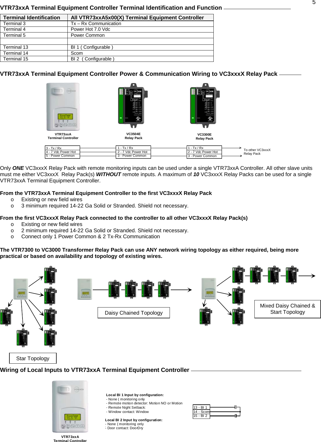  5 VTR73xxA Terminal Equipment Controller Terminal Identification and Function    Terminal Identification  All VTR73xxA5x00(X) Terminal Equipment Controller Terminal 3 Tx – Rx CommunicationTerminal 4 Power Hot 7.0 Vdc Terminal 5 Power Common   Terminal 13 BI 1 ( Configurable ) Terminal 14 Scom Terminal 15 BI 2  ( Configurable )    VTR73xxA Terminal Equipment Controller Power &amp; Communication Wiring to VC3xxxX Relay Pack      3 - Tx / Rx 4 - 7 Vdc Power Hot5 - Power CommonTo other VC3xxxXRelay PackVC3504ERelay Pack VC3300ERelay PackVTR73xxATerminal Controller1 - Tx / Rx 2 - 7 Vdc Power Hot3 - Power Common1 - Tx / Rx 2 - 7 Vdc Power Hot3 - Power Common   Only ONE VC3xxxX Relay Pack with remote monitoring inputs can be used under a single VTR73xxA Controller. All other slave units must me either VC3xxxX  Relay Pack(s) WITHOUT remote inputs. A maximum of 10 VC3xxxX Relay Packs can be used for a single VTR73xxA Terminal Equipment Controller.  From the VTR73xxA Terminal Equipment Controller to the first VC3xxxX Relay Pack  o  Existing or new field wires o  3 minimum required 14-22 Ga Solid or Stranded. Shield not necessary.  From the first VC3xxxX Relay Pack connected to the controller to all other VC3xxxX Relay Pack(s)  o  Existing or new field wires o  2 minimum required 14-22 Ga Solid or Stranded. Shield not necessary. o  Connect only 1 Power Common &amp; 2 Tx-Rx Communication  The VTR7300 to VC3000 Transformer Relay Pack can use ANY network wiring topology as either required, being more practical or based on availability and topology of existing wires.      Wiring of Local Inputs to VTR73xxA Terminal Equipment Controller        VTR73xxA Terminal Controller 13 - BI 114 - Scom15 - BI 2Local BI 1 Input by configuration:- None ( monitoring only - Remote motion detector: Motion NO or Motion C- Remote Night Setback: - Window contact: WindowLocal BI 2 Input by configuration:- None  ( m onito ri ng only )- Door contact: DoorDryDaisy Chained TopologyStar Topology Mixed Daisy Chained &amp; Start Topology 