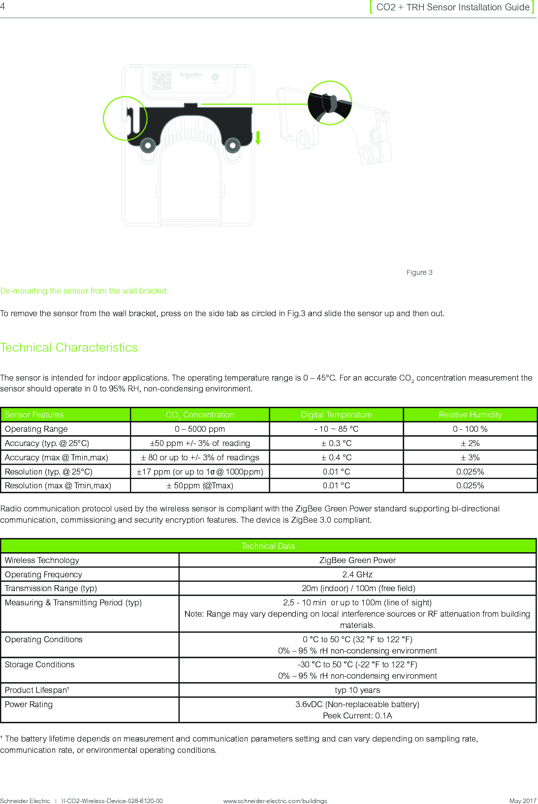 4CO2 + TRH Sensor Installation GuideSchneider Electric   |   II-CO2-Wireless-Device-028-6120-00                www.schneider-electric.com/buildings  May 2017Technical CharacteristicsThe sensor is intended for indoor applications. The operating temperature range is 0 – 45°C. For an accurate CO2 concentration measurement the sensor should operate in 0 to 95% RH, non-condensing environment. Sensor Features CO2 Concentration Digital Temperature Relative HumidityOperating Range 0 – 5000 ppm - 10 ~ 85 °C 0 - 100 %Accuracy (typ. @ 25°C) ±50 ppm +/- 3% of reading ± 0.3 °C ± 2%Accuracy (max @ Tmin,max) ± 80 or up to +/- 3% of readings ± 0.4 °C ± 3%Resolution (typ. @ 25°C) ±17 ppm (or up to 1σ @ 1000ppm) 0.01 °C 0.025%Resolution (max @ Tmin,max) ± 50ppm (@Tmax) 0.01 °C 0.025%Radio communication protocol used by the wireless sensor is compliant with the ZigBee Green Power standard supporting bi-directional communication, commissioning and security encryption features. The device is ZigBee 3.0 compliant. Technical DataWireless Technology ZigBee Green PowerOperating Frequency 2.4 GHzTransmission Range (typ)  20m (indoor) / 100m (free eld)Measuring &amp; Transmitting Period (typ) 2,5 - 10 min  or up to 100m (line of sight)Note: Range may vary depending on local interference sources or RF attenuation from building materials.Operating Conditions 0 °C to 50 °C (32 °F to 122 °F)0% – 95 % rH non-condensing environmentStorage Conditions -30 °C to 50 °C (-22 °F to 122 °F)0% – 95 % rH non-condensing environmentProduct Lifespan¹ typ 10 yearsPower Rating 3.6vDC (Non-replaceable battery)Peek Current: 0.1A¹ The battery lifetime depends on measurement and communication parameters setting and can vary depending on sampling rate, communication rate, or environmental operating conditions.Figure 3ZigBee De-mounting the sensor from the wall bracket:To remove the sensor from the wall bracket, press on the side tab as circled in Fig.3 and slide the sensor up and then out.
