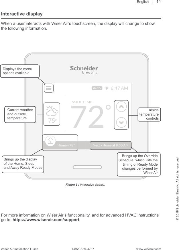  English© 2016 Schneider Electric. All rights reserved.Wiser Air Installation Guide                                        1-855-559-4737                                                    www.wiserair.comInteractive displayWhen a user interacts with Wiser Air’s touchscreen, the display will change to show the following information.72INSIDE TEMP6:47 AMNext - Home at 8:30 AMHome - 7875AutoFor more information on Wiser Air’s functionality, and for advanced HVAC instructions go to: https://www.wiserair.com/support.Figure 6 : Interactive display.Brings up the displayof the Home, Sleepand Away Ready ModesBrings up the Override Schedule, which lists thetiming of Ready Modechanges performed byWiser AirDisplays the menu options availableInsidetemperaturecontrolsCurrent weather and outside temperature14