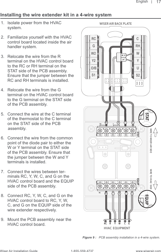 EnglishWiser Air Installation Guide                                        1-855-559-4737                                                    www.wiserair.com1.  Isolate power from the HVAC  system.2.  Familiarize yourself with the HVAC control board located inside the air handler system.3.  Relocate the wire from the R   terminal on the HVAC control board to the RC or RH terminal on the STAT side of the PCB assembly. Ensure that the jumper between the RC and RH terminals is installed.4.  Relocate the wire from the G  terminal on the HVAC control board to the G terminal on the STAT side of the PCB assembly.5.  Connect the wire at the C terminal of the thermostat to the C terminal on the STAT side of the PCB       assembly.6.  Connect the wire from the common point of the diode pair to either the W or Y terminal on the STAT side of the PCB assembly. Ensure that the jumper between the W and Y terminals is installed.7.  Connect the wires between ter-minals RC, Y, W, C, and G on the HVAC control board and the EQUIP side of the PCB assembly.8.  Connect RC, Y, W, C, and G on the HVAC control board to RC, Y, W, C, and G on the EQUIP side of the wire extender respectively.9.  Mount the PCB assembly near the HVAC control board.RCRC R Y W C GSTAT EQUIPC RCYRH Y W C GHVAC   EQUIPMENTRCGW2Y2O/BS1CRHWYUS2WISER AIR BACK PLATEWIRE TO HVAC  SIDEWIRE TO WISER AIR SIDERH W C GWYInstalling the wire extender kit in a 4-wire systemFigure 9 :   PCB assembly installation in a 4-wire system.17