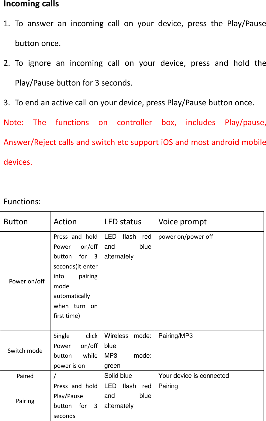 Incoming calls 1. To  answer  an  incoming  call  on  your  device,  press  the  Play/Pause button once. 2. To  ignore  an  incoming  call  on  your  device,  press  and  hold  the Play/Pause button for 3 seconds. 3. To end an active call on your device, press Play/Pause button once. Note:  The  functions  on  controller  box,  includes  Play/pause, Answer/Reject calls and switch etc support iOS and most android mobile devices.    Functions: Button Action LED status Voice prompt   Power on/off Press  and  hold Power  on/off button  for  3 seconds(it enter into  pairing mode automatically when  turn  on first time)   LED  flash  red and  blue alternately power on/power off Switch mode Single  click Power  on/off button  while power is on Wireless  mode: blue MP3  mode: green Pairing/MP3 Paired / Solid blue Your device is connected Pairing Press  and  hold Play/Pause button  for  3 seconds LED  flash  red and  blue alternately Pairing 