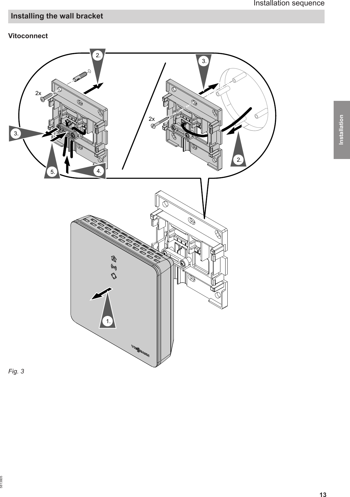 13Vitoconnect 1.2x2x2.3.3.2.5. 4.Fig. 3Installation sequenceInstalling the wall bracket5813605Installation 