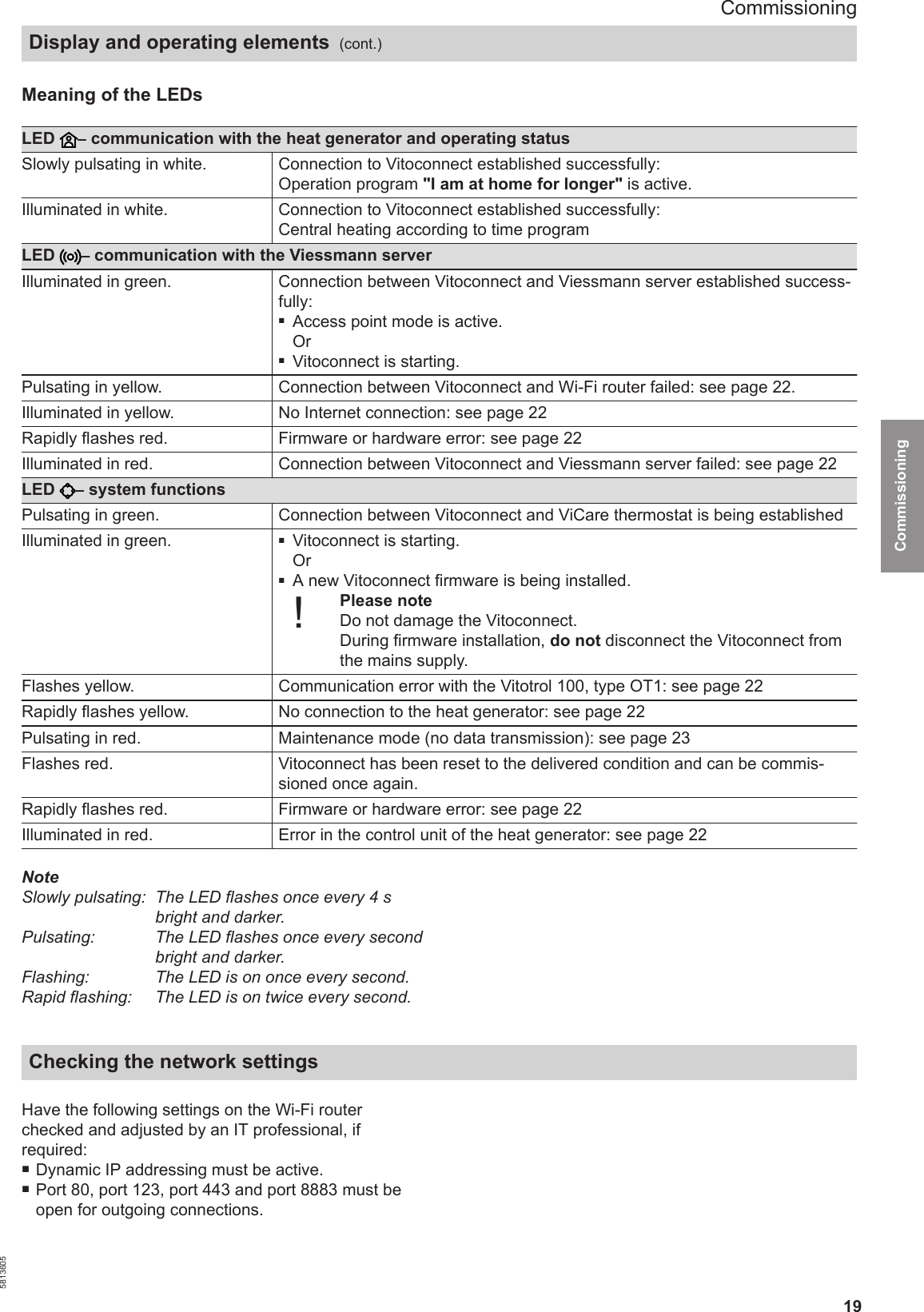 19Meaning of the LEDsLED  – communication with the heat generator and operating statusSlowly pulsating in white. Connection to Vitoconnect established successfully:Operation program &quot;I am at home for longer&quot; is active.Illuminated in white. Connection to Vitoconnect established successfully:Central heating according to time programLED  – communication with the Viessmann serverIlluminated in green. Connection between Vitoconnect and Viessmann server established success-fully:■Access point mode is active.Or■Vitoconnect is starting.Pulsating in yellow. Connection between Vitoconnect and Wi-Fi router failed: see page 22.Illuminated in yellow. No Internet connection: see page 22Rapidly flashes red. Firmware or hardware error: see page 22Illuminated in red. Connection between Vitoconnect and Viessmann server failed: see page 22LED  – system functionsPulsating in green. Connection between Vitoconnect and ViCare thermostat is being establishedIlluminated in green. ■Vitoconnect is starting.Or■A new Vitoconnect firmware is being installed.!Please noteDo not damage the Vitoconnect.During firmware installation, do not disconnect the Vitoconnect fromthe mains supply.Flashes yellow. Communication error with the Vitotrol 100, type OT1: see page 22Rapidly flashes yellow. No connection to the heat generator: see page 22Pulsating in red. Maintenance mode (no data transmission): see page 23Flashes red. Vitoconnect has been reset to the delivered condition and can be commis-sioned once again.Rapidly flashes red. Firmware or hardware error: see page 22Illuminated in red. Error in the control unit of the heat generator: see page 22NoteSlowly pulsating: The LED flashes once every 4 sbright and darker.Pulsating: The LED flashes once every secondbright and darker.Flashing: The LED is on once every second.Rapid flashing: The LED is on twice every second.Checking the network settingsHave the following settings on the Wi-Fi routerchecked and adjusted by an IT professional, ifrequired: ■Dynamic IP addressing must be active.■Port 80, port 123, port 443 and port 8883 must beopen for outgoing connections. CommissioningDisplay and operating elements  (cont.)5813605Commissioning 