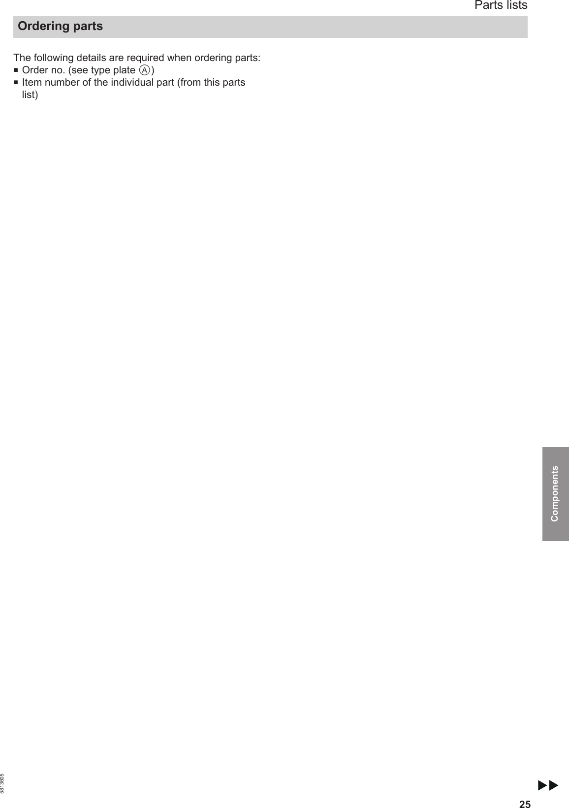 25The following details are required when ordering parts:■Order no. (see type plate A)■Item number of the individual part (from this partslist)Parts listsOrdering parts5813605Components