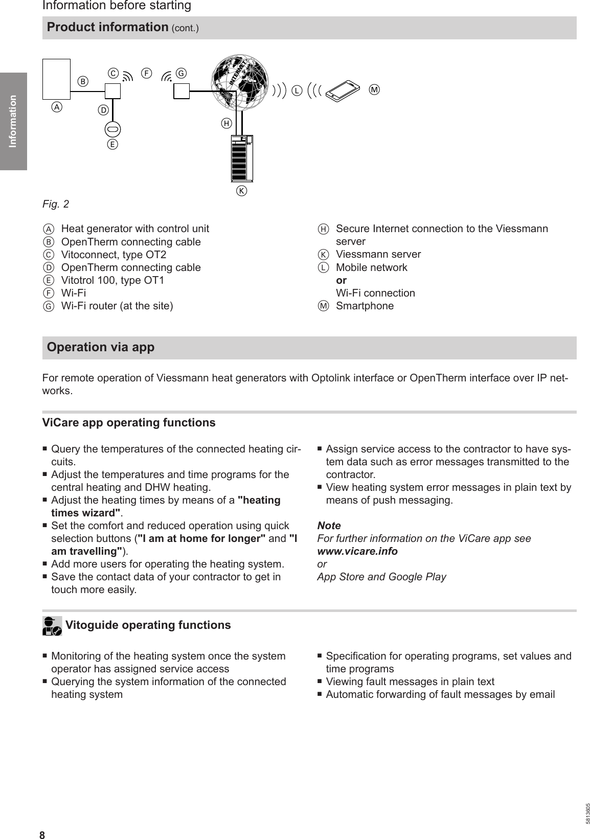 8 MBCAGLKHFDEFig. 2AHeat generator with control unitBOpenTherm connecting cableCVitoconnect, type OT2DOpenTherm connecting cableEVitotrol 100, type OT1FWi-FiGWi-Fi router (at the site)HSecure Internet connection to the ViessmannserverKViessmann serverLMobile networkorWi-Fi connectionMSmartphoneOperation via app For remote operation of Viessmann heat generators with Optolink interface or OpenTherm interface over IP net-works. ViCare app operating functions ■Query the temperatures of the connected heating cir-cuits.■Adjust the temperatures and time programs for thecentral heating and DHW heating.■Adjust the heating times by means of a &quot;heatingtimes wizard&quot;.■Set the comfort and reduced operation using quickselection buttons (&quot;I am at home for longer&quot; and &quot;Iam travelling&quot;).■Add more users for operating the heating system.■Save the contact data of your contractor to get intouch more easily.■Assign service access to the contractor to have sys-tem data such as error messages transmitted to thecontractor.■View heating system error messages in plain text bymeans of push messaging.NoteFor further information on the ViCare app seewww.vicare.infoorApp Store and Google Play Vitoguide operating functions ■Monitoring of the heating system once the systemoperator has assigned service access■Querying the system information of the connectedheating system■Specification for operating programs, set values andtime programs■Viewing fault messages in plain text■Automatic forwarding of fault messages by emailInformation before startingProduct information (cont.)5813605Information