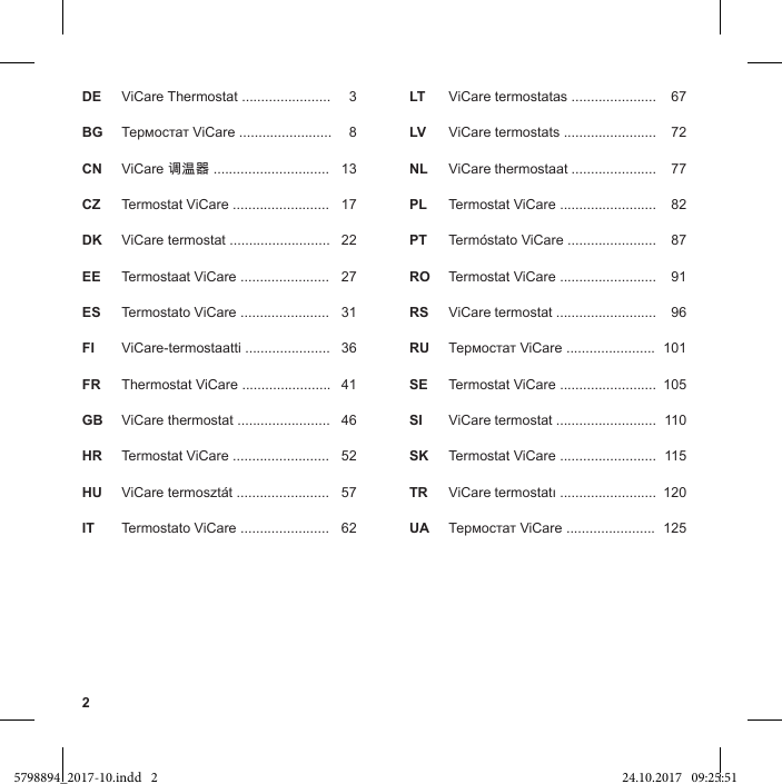 2DE ViCare Thermostat ....................... 3LT ViCare termostatas ...................... 67BG  8LV ViCare termostats ........................ 72CN ViCare 调温器 ..............................  13 NL ViCare thermostaat ...................... 77CZ Termostat ViCare ......................... 17 PL Termostat ViCare ......................... 82DK ViCare termostat .......................... 22 PT Termóstato ViCare ....................... 87EE Termostaat ViCare ....................... 27 RO Termostat ViCare ......................... 91ES Termostato ViCare ....................... 31 RS ViCare termostat .......................... 96FI ViCare-termostaatti ...................... 36 RU  101FR Thermostat ViCare ....................... 41 SE Termostat ViCare ......................... 105GB ViCare thermostat ........................ 46 SI ViCare termostat .......................... 110HR Termostat ViCare ......................... 52 SK Termostat ViCare ......................... 115HU ViCare termosztát ........................ 57 TR  120IT Termostato ViCare ....................... 62 UA  1255798894_2017-10.indd   2 24.10.2017   09:25:51