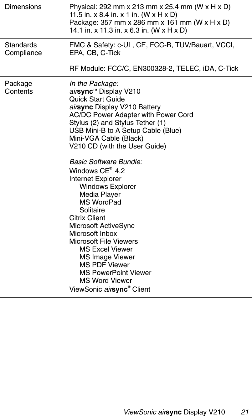                                                  ViewSonic airsync Display V210        21Dimensions Physical: 292 mm x 213 mm x 25.4 mm (W x H x D) 11.5 in. x 8.4 in. x 1 in. (W x H x D)Package: 357 mm x 286 mm x 161 mm (W x H x D) 14.1 in. x 11.3 in. x 6.3 in. (W x H x D)StandardsComplianceEMC &amp; Safety: c-UL, CE, FCC-B, TUV/Bauart, VCCI, EPA, CB, C-TickRF Module: FCC/C, EN300328-2, TELEC, iDA, C-TickPackageContentsIn the Package:airsyncTM Display V210Quick Start Guideairsync Display V210 BatteryAC/DC Power Adapter with Power CordStylus (2) and Stylus Tether (1)USB Mini-B to A Setup Cable (Blue)Mini-VGA Cable (Black)V210 CD (with the User Guide)Basic Software Bundle:Windows CE®  4.2Internet ExplorerWindows ExplorerMedia PlayerMS WordPadSolitaireCitrix ClientMicrosoft ActiveSyncMicrosoft InboxMicrosoft File ViewersMS Excel ViewerMS Image ViewerMS PDF ViewerMS PowerPoint ViewerMS Word ViewerViewSonic airsync® Client