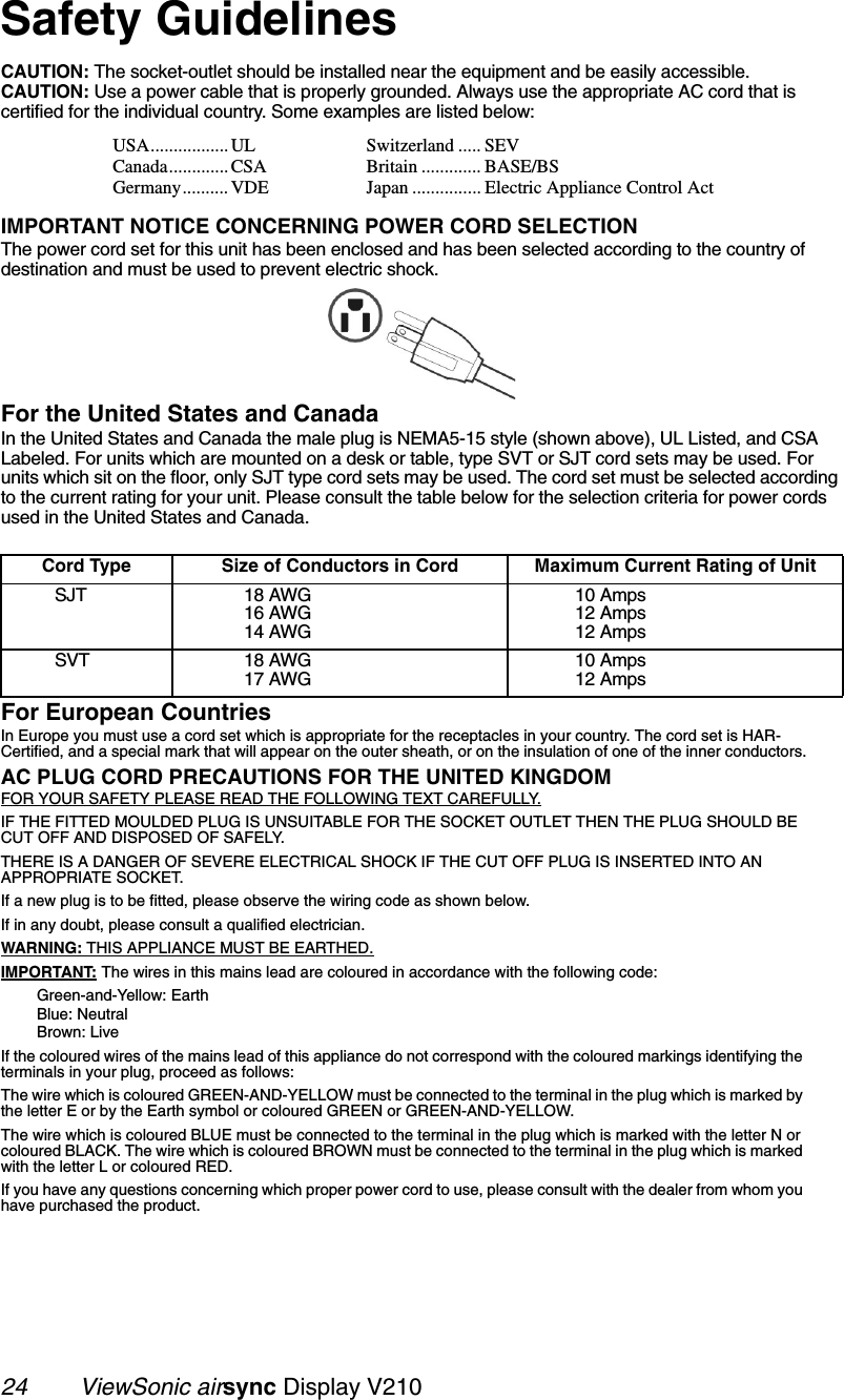 24        ViewSonic airsync Display V210Safety GuidelinesCAUTION: The socket-outlet should be installed near the equipment and be easily accessible.CAUTION: Use a power cable that is properly grounded. Always use the appropriate AC cord that is certified for the individual country. Some examples are listed below:IMPORTANT NOTICE CONCERNING POWER CORD SELECTIONThe power cord set for this unit has been enclosed and has been selected according to the country of destination and must be used to prevent electric shock.For the United States and CanadaIn the United States and Canada the male plug is NEMA5-15 style (shown above), UL Listed, and CSA Labeled. For units which are mounted on a desk or table, type SVT or SJT cord sets may be used. For units which sit on the floor, only SJT type cord sets may be used. The cord set must be selected according to the current rating for your unit. Please consult the table below for the selection criteria for power cords used in the United States and Canada.For European CountriesIn Europe you must use a cord set which is appropriate for the receptacles in your country. The cord set is HAR-Certified, and a special mark that will appear on the outer sheath, or on the insulation of one of the inner conductors.AC PLUG CORD PRECAUTIONS FOR THE UNITED KINGDOMFOR YOUR SAFETY PLEASE READ THE FOLLOWING TEXT CAREFULLY.IF THE FITTED MOULDED PLUG IS UNSUITABLE FOR THE SOCKET OUTLET THEN THE PLUG SHOULD BE CUT OFF AND DISPOSED OF SAFELY.THERE IS A DANGER OF SEVERE ELECTRICAL SHOCK IF THE CUT OFF PLUG IS INSERTED INTO AN APPROPRIATE SOCKET.If a new plug is to be fitted, please observe the wiring code as shown below.If in any doubt, please consult a qualified electrician.WARNING: THIS APPLIANCE MUST BE EARTHED.IMPORTANT: The wires in this mains lead are coloured in accordance with the following code: Green-and-Yellow: EarthBlue: NeutralBrown: LiveIf the coloured wires of the mains lead of this appliance do not correspond with the coloured markings identifying the terminals in your plug, proceed as follows:The wire which is coloured GREEN-AND-YELLOW must be connected to the terminal in the plug which is marked by the letter E or by the Earth symbol or coloured GREEN or GREEN-AND-YELLOW.The wire which is coloured BLUE must be connected to the terminal in the plug which is marked with the letter N or coloured BLACK. The wire which is coloured BROWN must be connected to the terminal in the plug which is marked with the letter L or coloured RED.If you have any questions concerning which proper power cord to use, please consult with the dealer from whom you have purchased the product.USA................. ULCanada............. CSAGermany.......... VDESwitzerland ..... SEVBritain ............. BASE/BSJapan ............... Electric Appliance Control ActCord Type Size of Conductors in Cord Maximum Current Rating of UnitSJT 18 AWG16 AWG14 AWG10 Amps12 Amps12 AmpsSVT 18 AWG17 AWG10 Amps12 Amps