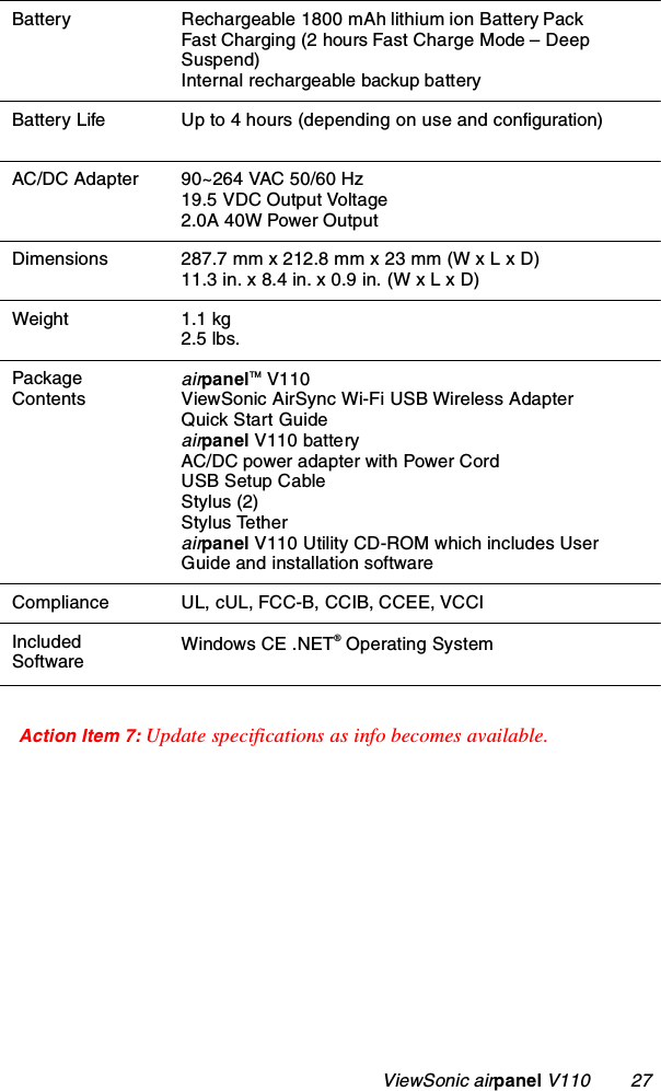                                                    ViewSonic airpanel V110        27Action Item 7: Update specifications as info becomes available.Battery Rechargeable 1800 mAh lithium ion Battery PackFast Charging (2 hours Fast Charge Mode – Deep Suspend)Internal rechargeable backup batteryBattery Life Up to 4 hours (depending on use and configuration)AC/DC Adapter 90~264 VAC 50/60 Hz19.5 VDC Output Voltage2.0A 40W Power OutputDimensions 287.7 mm x 212.8 mm x 23 mm (W x L x D) 11.3 in. x 8.4 in. x 0.9 in. (W x L x D)Weight 1.1 kg2.5 lbs.PackageContentsairpanelTM V110ViewSonic AirSync Wi-Fi USB Wireless AdapterQuick Start Guideairpanel V110 batteryAC/DC power adapter with Power CordUSB Setup CableStylus (2)Stylus Tetherairpanel V110 Utility CD-ROM which includes User Guide and installation softwareCompliance UL, cUL, FCC-B, CCIB, CCEE, VCCIIncludedSoftwareWindows CE .NET® Operating System