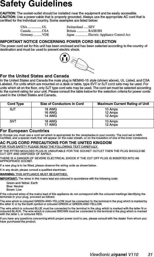                                                    ViewSonic airpanel V110        31Safety GuidelinesCAUTION: The socket-outlet should be installed near the equipment and be easily accessible.CAUTION: Use a power cable that is properly grounded. Always use the appropriate AC cord that is certified for the individual country. Some examples are listed below:IMPORTANT NOTICE CONCERNING POWER CORD SELECTIONThe power cord set for this unit has been enclosed and has been selected according to the country of destination and must be used to prevent electric shock.For the United States and CanadaIn the United States and Canada the male plug is NEMA5-15 style (shown above), UL Listed, and CSA Labeled. For units which are mounted on a desk or table, type SVT or SJT cord sets may be used. For units which sit on the floor, only SJT type cord sets may be used. The cord set must be selected according to the current rating for your unit. Please consult the table below for the selection criteria for power cords used in the United States and Canada.For European CountriesIn Europe you must use a cord set which is appropriate for the receptacles in your country. The cord set is HAR-Certified, and a special mark that will appear on the outer sheath, or on the insulation of one of the inner conductors.AC PLUG CORD PRECAUTIONS FOR THE UNITED KINGDOMFOR YOUR SAFETY PLEASE READ THE FOLLOWING TEXT CAREFULLY.IF THE FITTED MOULDED PLUG IS UNSUITABLE FOR THE SOCKET OUTLET THEN THE PLUG SHOULD BE CUT OFF AND DISPOSED OF SAFELY.THERE IS A DANGER OF SEVERE ELECTRICAL SHOCK IF THE CUT OFF PLUG IS INSERTED INTO AN APPROPRIATE SOCKET.If a new plug is to be fitted, please observe the wiring code as shown below.If in any doubt, please consult a qualified electrician.WAR NING: THIS APPLIANCE MUST BE EARTHED.IMPORTANT: The wires in this mains lead are coloured in accordance with the following code: Green-and-Yellow: EarthBlue: NeutralBrown: LiveIf the coloured wires of the mains lead of this appliance do not correspond with the coloured markings identifying the terminals in your plug, proceed as follows:The wire which is coloured GREEN-AND-YELLOW must be connected to the terminal in the plug which is marked by the letter E or by the Earth symbol or coloured GREEN or GREEN-AND-YELLOW.The wire which is coloured BLUE must be connected to the terminal in the plug which is marked with the letter N or coloured BLACK. The wire which is coloured BROWN must be  connected to the terminal in the plug which is marked with the letter L or coloured RED.If you have any questions concerning which proper power cord to use, please consult with the dealer from whom you have purchased the product.USA.................ULCanada.............CSAGermany ....... ... VDESwitzerland ..... SEVBritain ............. BASE/BSJapan ............... Electric Appliance Control ActCord Type Size of Conductors in Cord Maximum Current Rating of UnitSJT 18 AWG16 AWG14 AWG10 Amps12 Amps12 AmpsSVT 18 AWG17 AWG10 Amps12 Amps