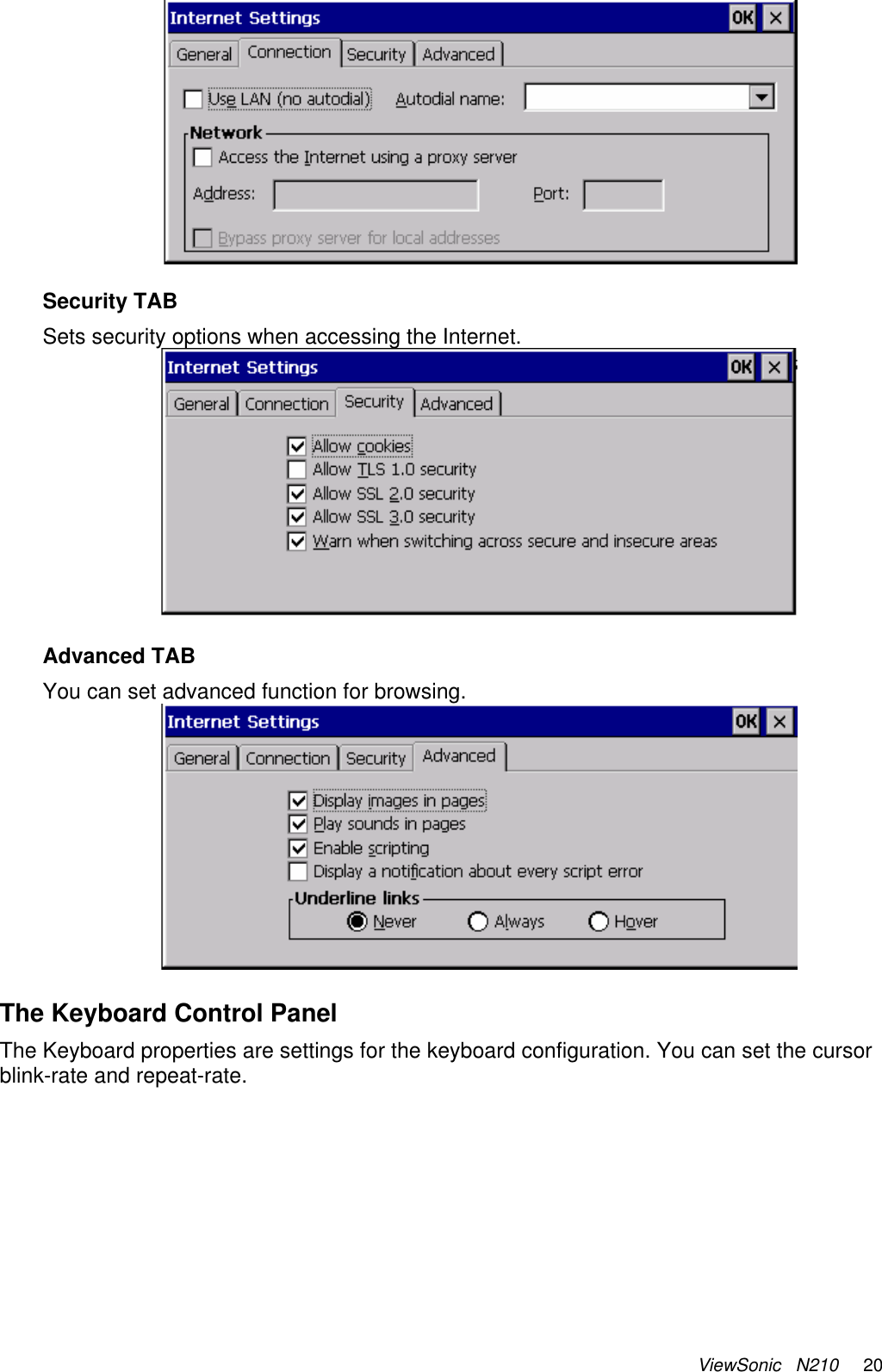 ViewSonic   N210     20   Security TAB Sets security options when accessing the Internet.   Advanced TAB You can set advanced function for browsing.   The Keyboard Control Panel The Keyboard properties are settings for the keyboard configuration. You can set the cursor blink-rate and repeat-rate. 