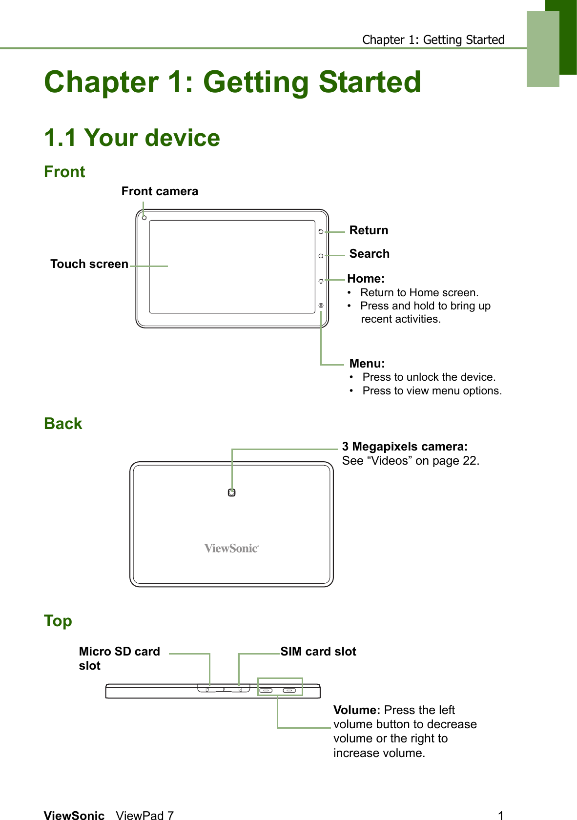 Chapter 1: Getting StartedViewSonic ViewPad 7 1Chapter 1: Getting Started1.1 Your deviceFrontBackTopReturnMenu: •   Press to unlock the device.•   Press to view menu options.Touch screenHome: •   Return to Home screen.•   Press and hold to bring up recent activities.SearchFront camera3 Megapixels camera: See “Videos” on page 22.Volume: Press the left volume button to decrease volume or the right to increase volume.Micro SD card slotSIM card slot