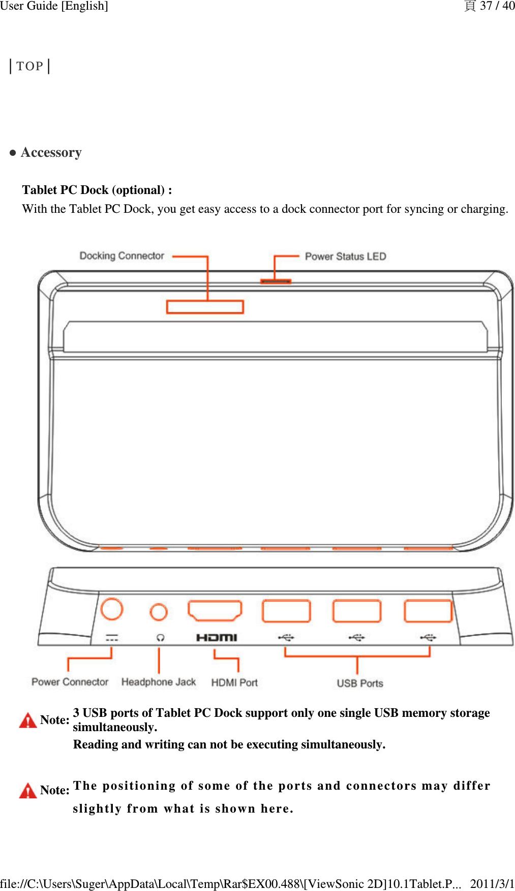 │TOP│  ● Accessory Tablet PC Dock (optional) :  With the Tablet PC Dock, you get easy access to a dock connector port for syncing or charging.    Note: 3 USB ports of Tablet PC Dock support only one single USB memory storage simultaneously. Reading and writing can not be executing simultaneously. Note: The posi t i o ning of some   of the ports a n d connectors  m ay differ slightly  fr o m what is   s h o w n  here.頁 37 / 40User Guide [English]2011/3/1file://C:\Users\Suger\AppData\Local\Temp\Rar$EX00.488\[ViewSonic 2D]10.1Tablet.P...