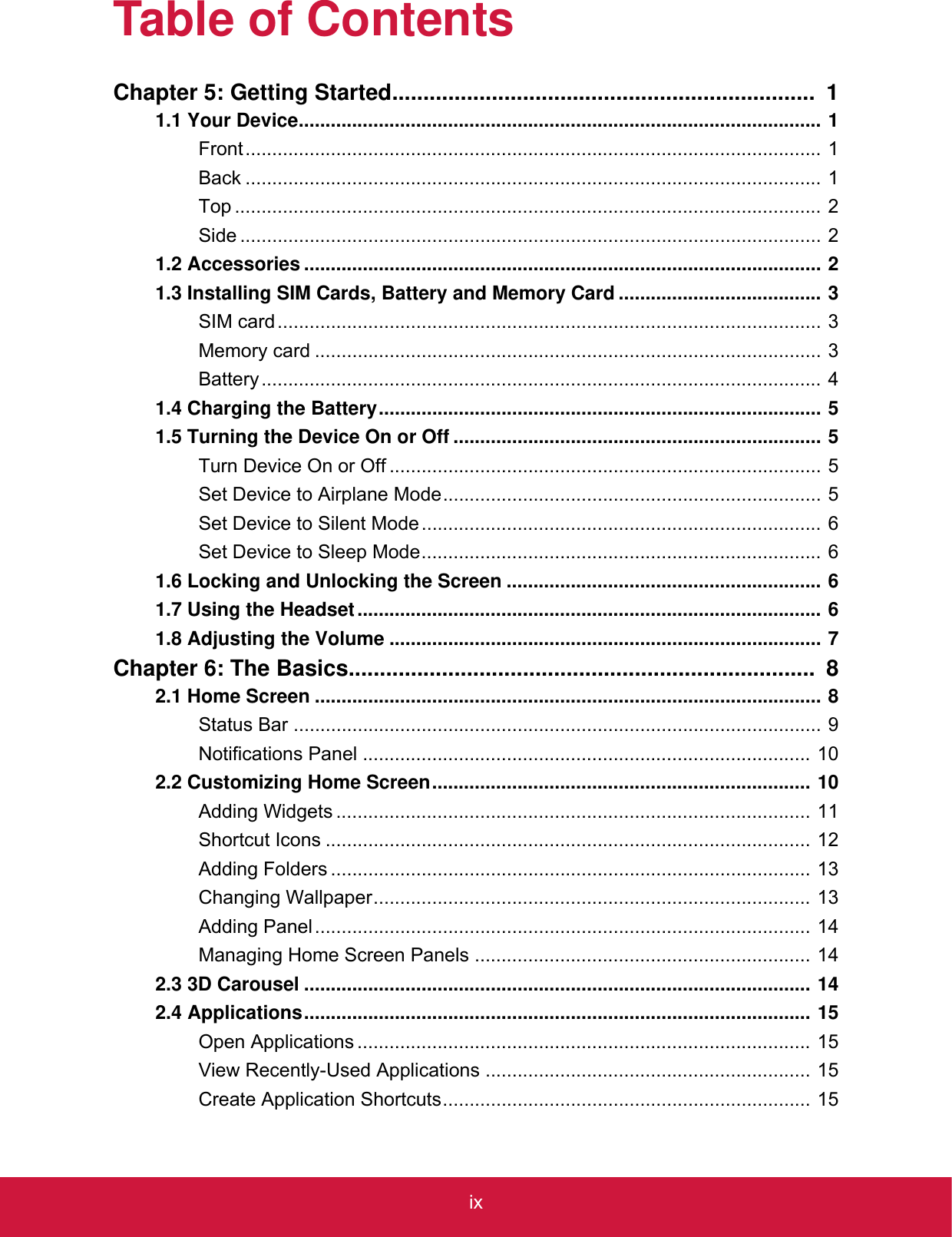 ixTable of ContentsChapter 5: Getting Started....................................................................  11.1 Your Device.................................................................................................. 1Front............................................................................................................ 1Back ............................................................................................................ 1Top .............................................................................................................. 2Side ............................................................................................................. 21.2 Accessories ................................................................................................. 21.3 Installing SIM Cards, Battery and Memory Card ...................................... 3SIM card...................................................................................................... 3Memory card ............................................................................................... 3Battery......................................................................................................... 41.4 Charging the Battery................................................................................... 51.5 Turning the Device On or Off ..................................................................... 5Turn Device On or Off ................................................................................. 5Set Device to Airplane Mode....................................................................... 5Set Device to Silent Mode........................................................................... 6Set Device to Sleep Mode........................................................................... 61.6 Locking and Unlocking the Screen ........................................................... 61.7 Using the Headset....................................................................................... 61.8 Adjusting the Volume ................................................................................. 7Chapter 6: The Basics...........................................................................  82.1 Home Screen ............................................................................................... 8Status Bar ................................................................................................... 9Notifications Panel .................................................................................... 102.2 Customizing Home Screen....................................................................... 10Adding Widgets ......................................................................................... 11Shortcut Icons ........................................................................................... 12Adding Folders .......................................................................................... 13Changing Wallpaper.................................................................................. 13Adding Panel............................................................................................. 14Managing Home Screen Panels ............................................................... 142.3 3D Carousel ............................................................................................... 142.4 Applications............................................................................................... 15Open Applications ..................................................................................... 15View Recently-Used Applications ............................................................. 15Create Application Shortcuts..................................................................... 15