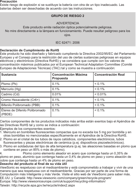 PrecauciónExiste riesgo de explosión si se sustituye la batería con otra de un tipo inadecuado. Las baterías deben ser desechadas de acuerdo con las instrucciones.GRUPO DE RIESGO 2ADVERTENCIAEste producto emite radiación óptica potencialmente peligrosa. No mire directamente a la lámpara en funcionamiento. Puede resultar peligroso para los ojos. IEC 62471: 2006Declaración de Cumplimiento de RoHSEste producto ha sido diseñado y fabricado cumpliendo la Directiva 2002/95/EC del Parlamento Europeo y el Consejo para la restricción del uso de ciertas sustancias peligrosas en equipos eléctricos y electrónicos (Directiva RoHS) y se considera que cumple con los valores de concentración máximos publicados por el European Technical Adaptation Committee (Comité Europeo de Adaptaciones Técnicas) (TAC) tal y como se muestra a continuación:Sustancia Concentración Máxima PropuestaConcentración RealPlomo (Pb) 0.1% &lt; 0.1%Mercurio (Hg) 0.1% &lt; 0.1%Cadmio (Cd) 0.01% &lt; 0.01%Cromo Hexavalente (Cr6+) 0.1% &lt; 0.1%Bifenilo Polibromado (PBB) 0.1% &lt; 0.1%Éteres de Difenilo Polibromado (PBDE)0.1% &lt; 0.1%Ciertos componentes de los productos indicados más arriba están exentos bajo el Apéndice de las Directivas RoHS tal y como se indica a continuación:Ejemplos de los componentes exentos:1. Mercurio en bombillas uorescentes compactas que no exceda los 5 mg por bombilla y en otras bombillas no mencionadas especícamente en el Apéndice de la Directiva RoHS.2. Plomo en el cristal de los tubos de rayos catódicos, componentes electrónicos, tubos uorescentes y piezas electrónicas de cerámica (p.ej. dispositivos piezoelectrónicos).3. Plomo en soldaduras del tipo de alta temperatura (p.ej. las aleaciones basadas en plomo que contiene en peso un 85% o más de plomo).4.  Plomo como elemento aleador en acero que contenga hasta un 0,35% de plomo en peso, aluminio que contenga hasta un 0,4% de plomo en peso y como aleación de cobre que contenga hasta un 4% de plomo en peso. Desecho del producto al nal de su vida útilViewSonic es respetuoso con el medioambiente y está comprometido a trabajar y vivir de una manera que sea respetuosa con el medioambiente. Gracias por ser parte de una forma de Computación más Inteligente y más Verde. Visite el sitio web de ViewSonic para saber más.EE.UU. y Canadá: http://www.viewsonic.com/company/green/recycle-program/Europa: http://www.viewsoniceurope.com/uk/support/recycling-information/Taiwán: http://recycle.epa.gov.tw/recycle/index2.aspx